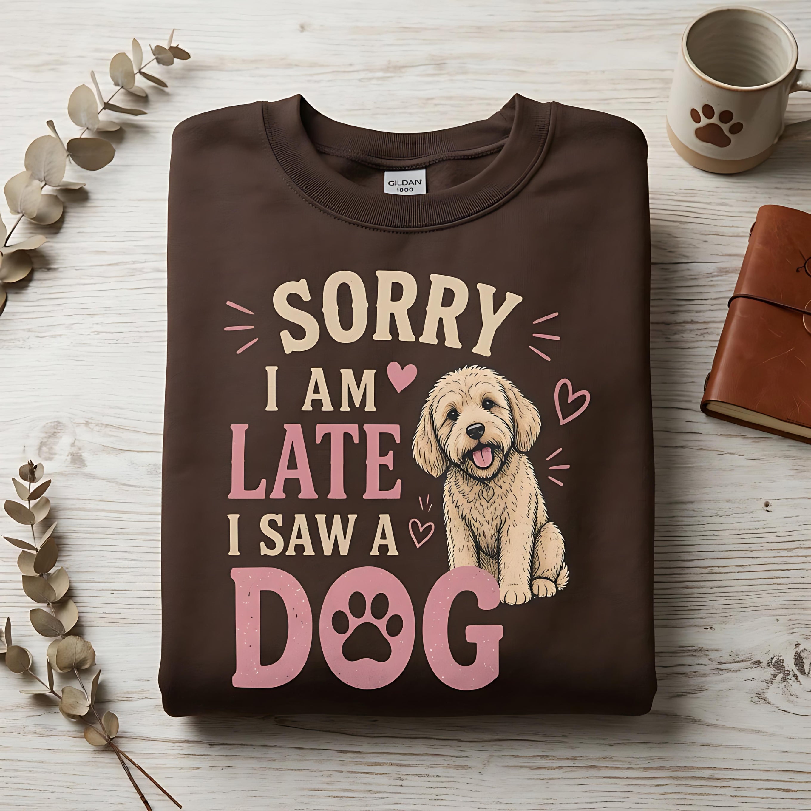 Brown sweatshirt with "Sorry I am late I saw a dog" and paw print graphic.
