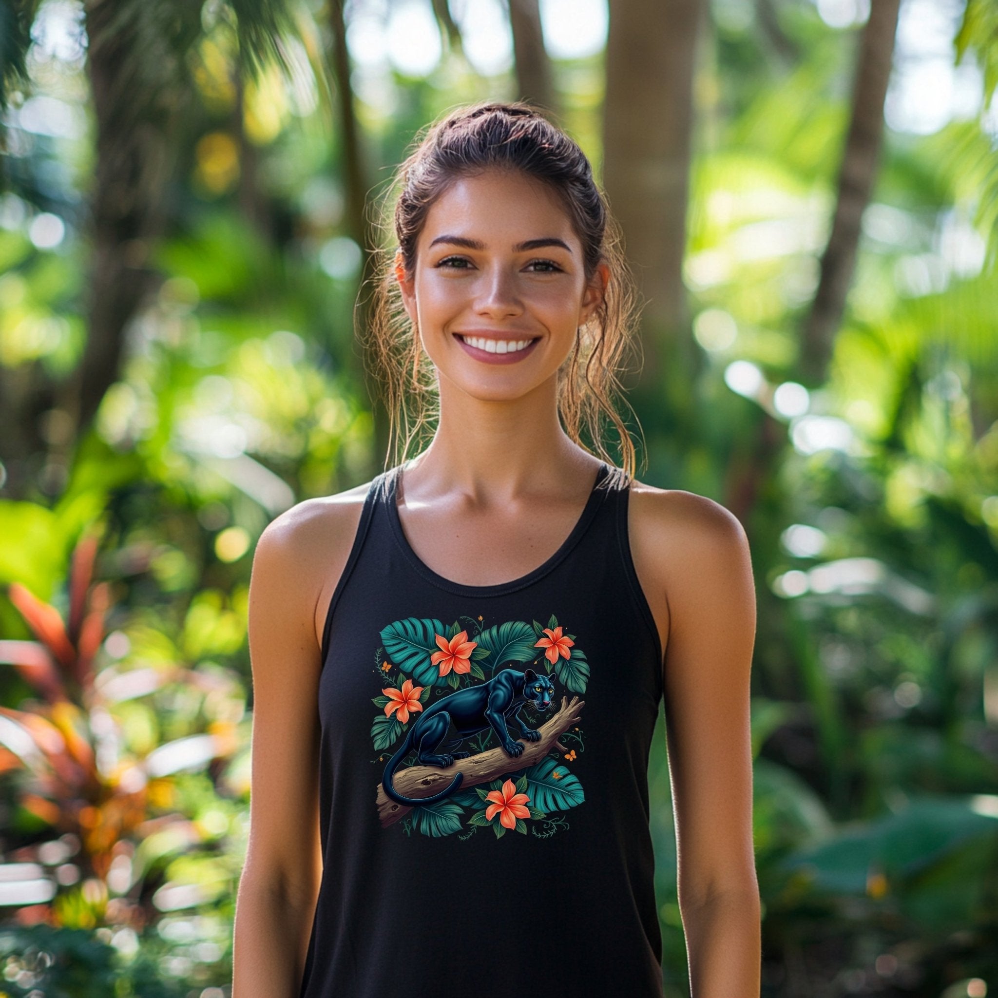 Black Panther Tropical Flowers Tank Top, Jungle Animal Themed Sleeveless Shirt, Unique Wildlife Graphic Tank, Summer Casual Wear - Craig Michael Design