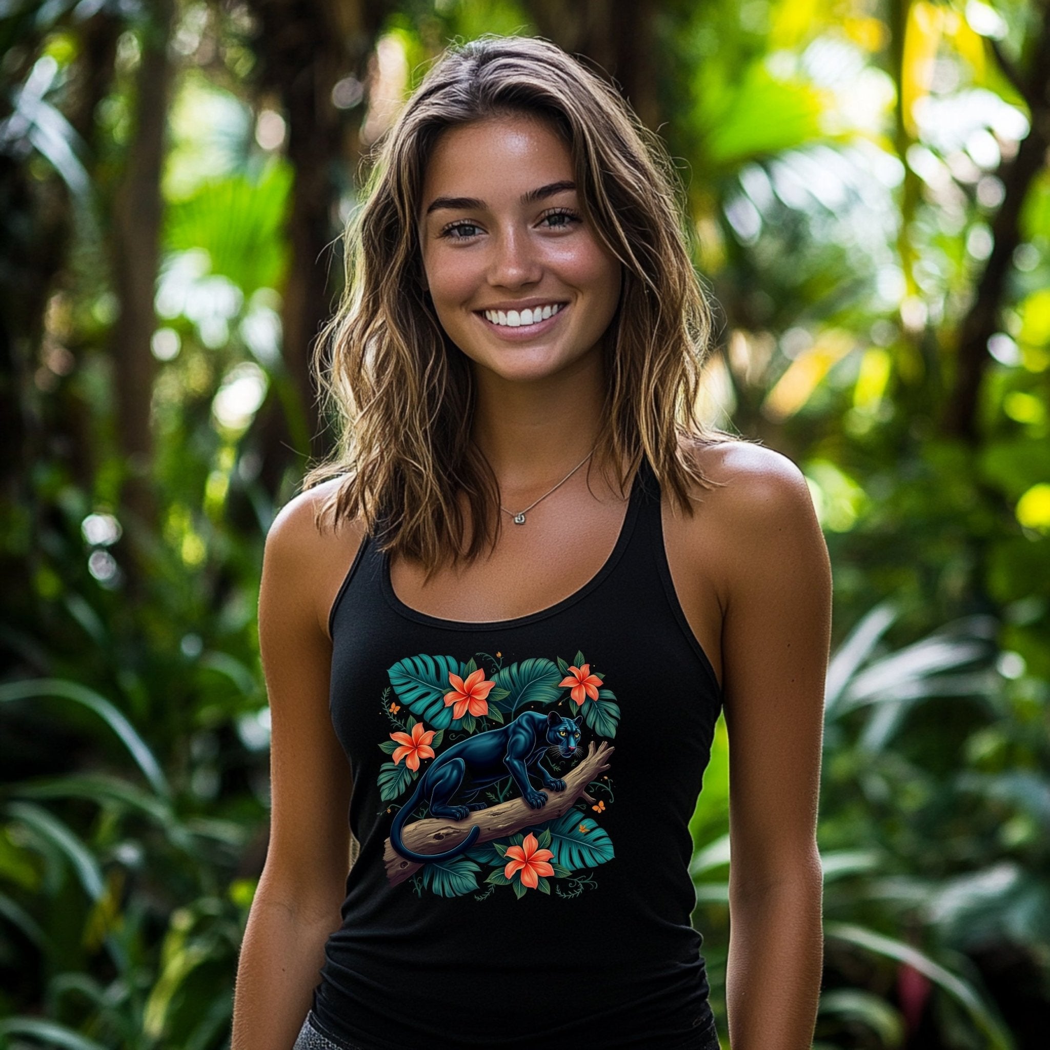 Black Panther Tropical Flowers Tank Top, Jungle Animal Themed Sleeveless Shirt, Unique Wildlife Graphic Tank, Summer Casual Wear - Craig Michael Design