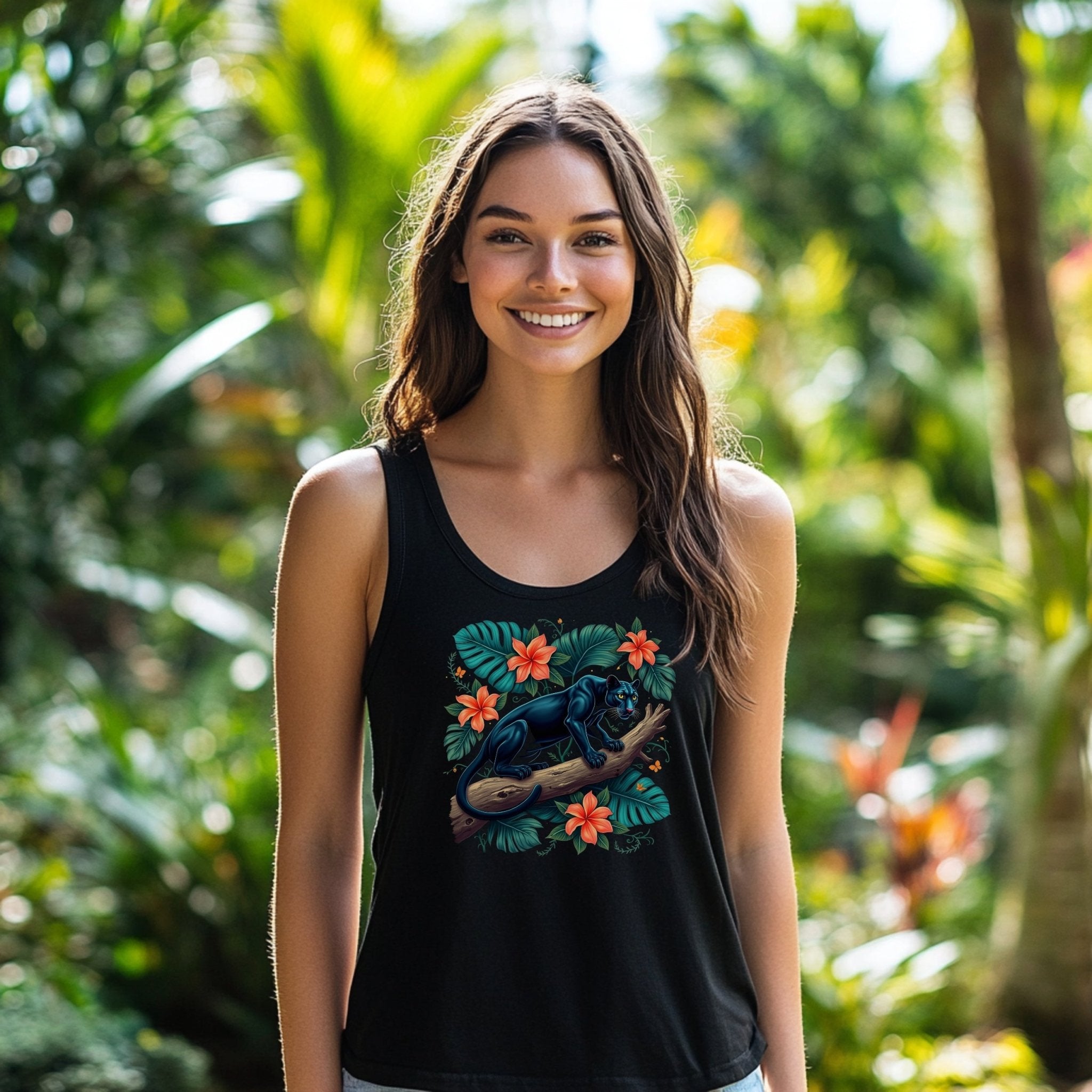 Black Panther Tropical Flowers Tank Top, Jungle Animal Themed Sleeveless Shirt, Unique Wildlife Graphic Tank, Summer Casual Wear - Craig Michael Design