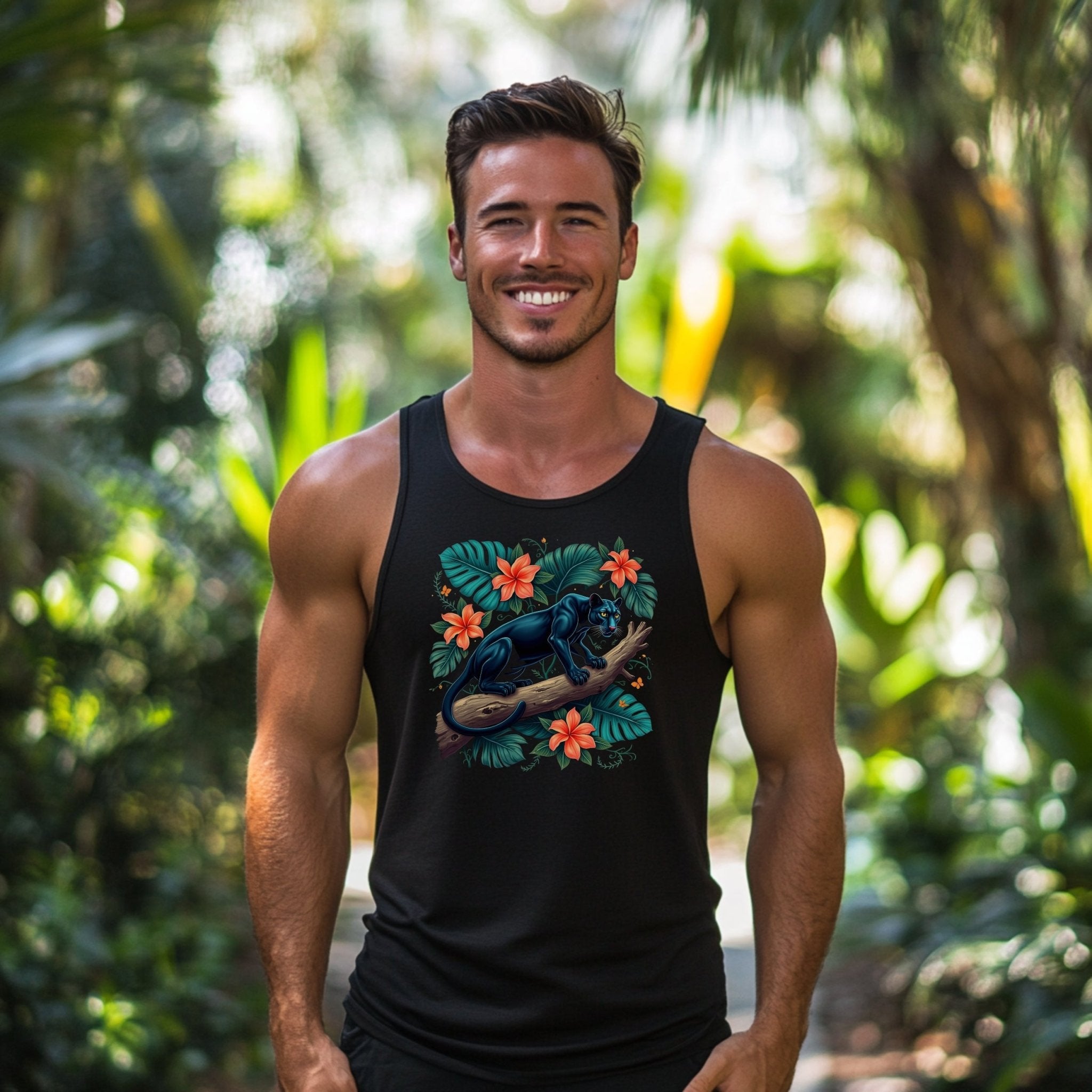 Black Panther Tropical Flowers Tank Top, Jungle Animal Themed Sleeveless Shirt, Unique Wildlife Graphic Tank, Summer Casual Wear - Craig Michael Design