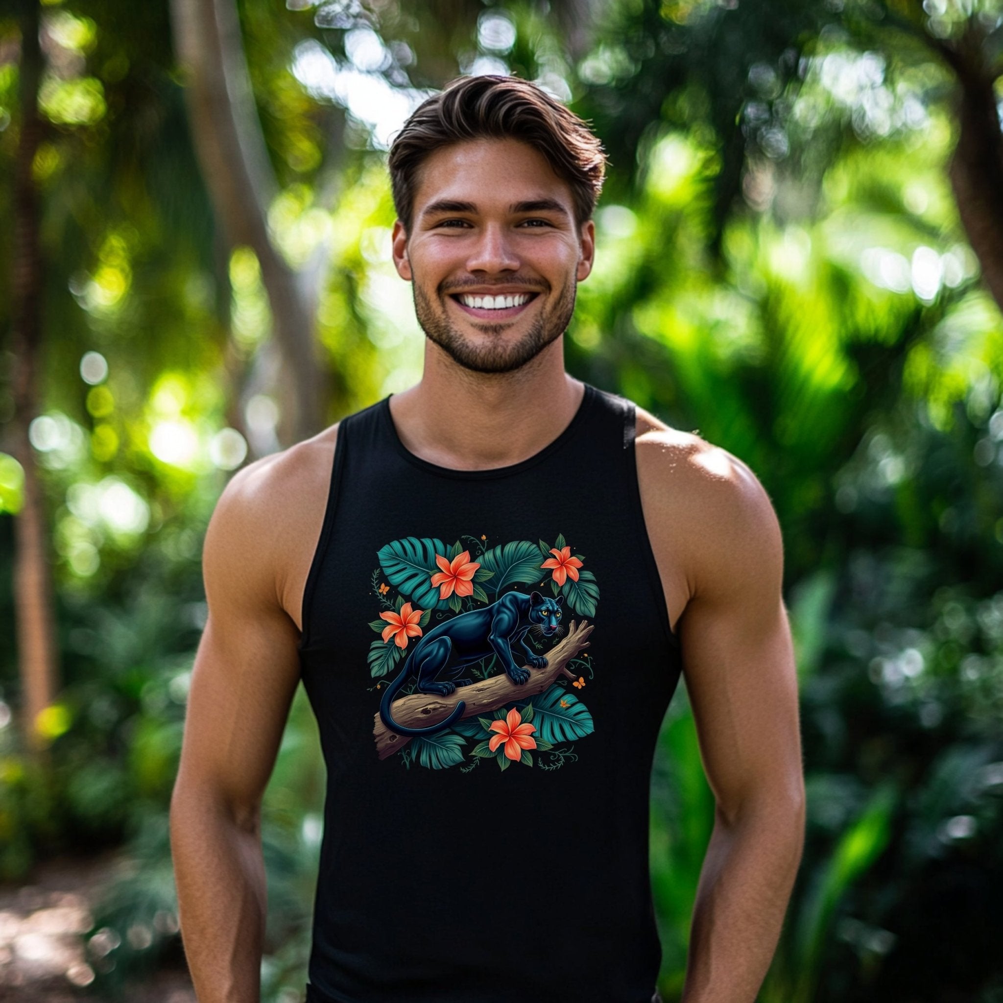 Black Panther Tropical Flowers Tank Top, Jungle Animal Themed Sleeveless Shirt, Unique Wildlife Graphic Tank, Summer Casual Wear - Craig Michael Design