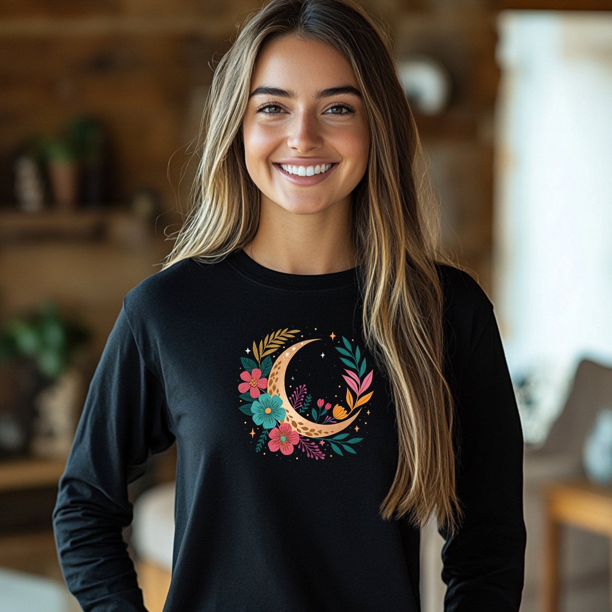 Boho Moon and Floral Design T-Shirt, Celestial Crescent Moon Flowers Tee, Artistic Botanicals Graphic T-Shirt, Gift for Her - Craig Michael Design