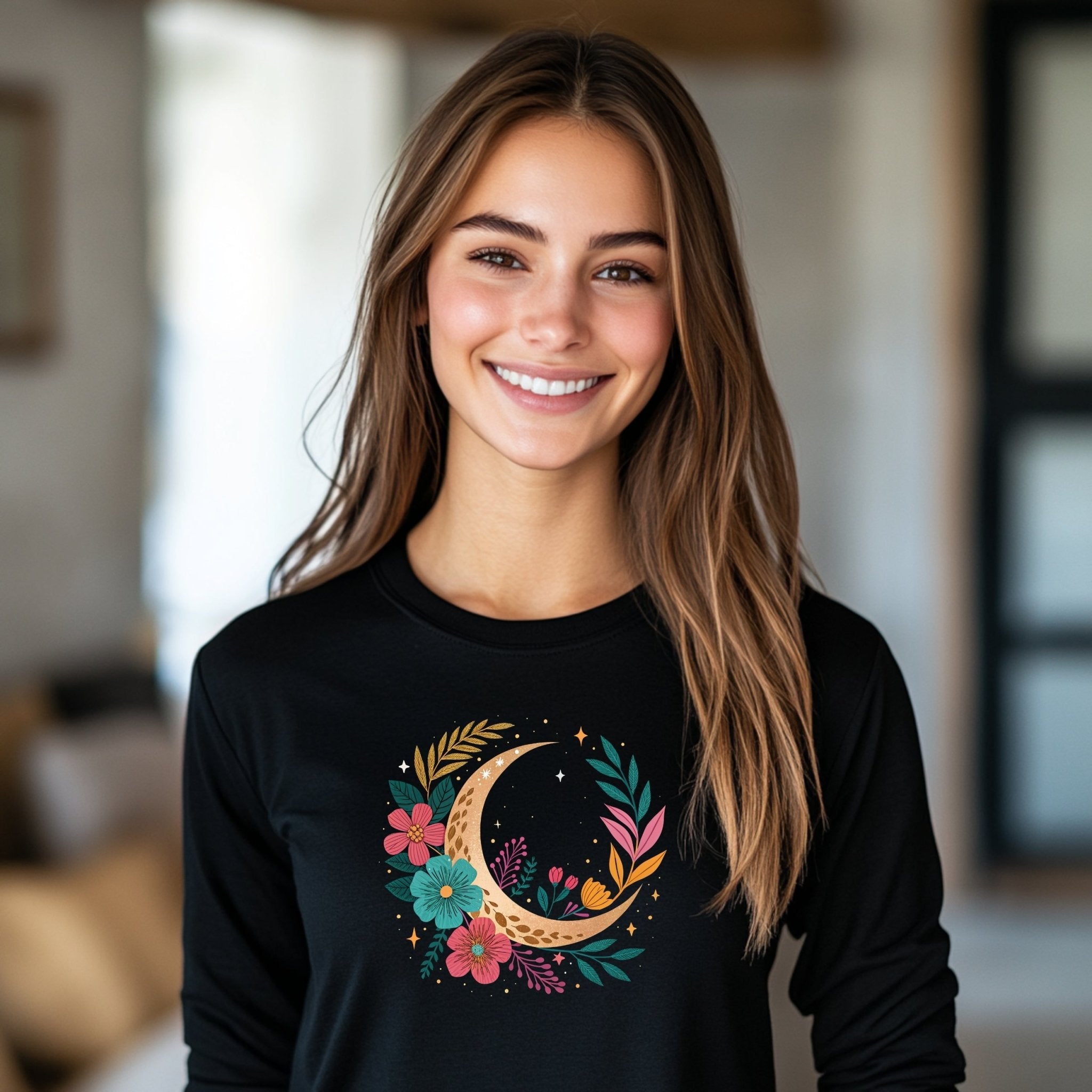 Boho Moon and Floral Design T-Shirt, Celestial Crescent Moon Flowers Tee, Artistic Botanicals Graphic T-Shirt, Gift for Her - Craig Michael Design