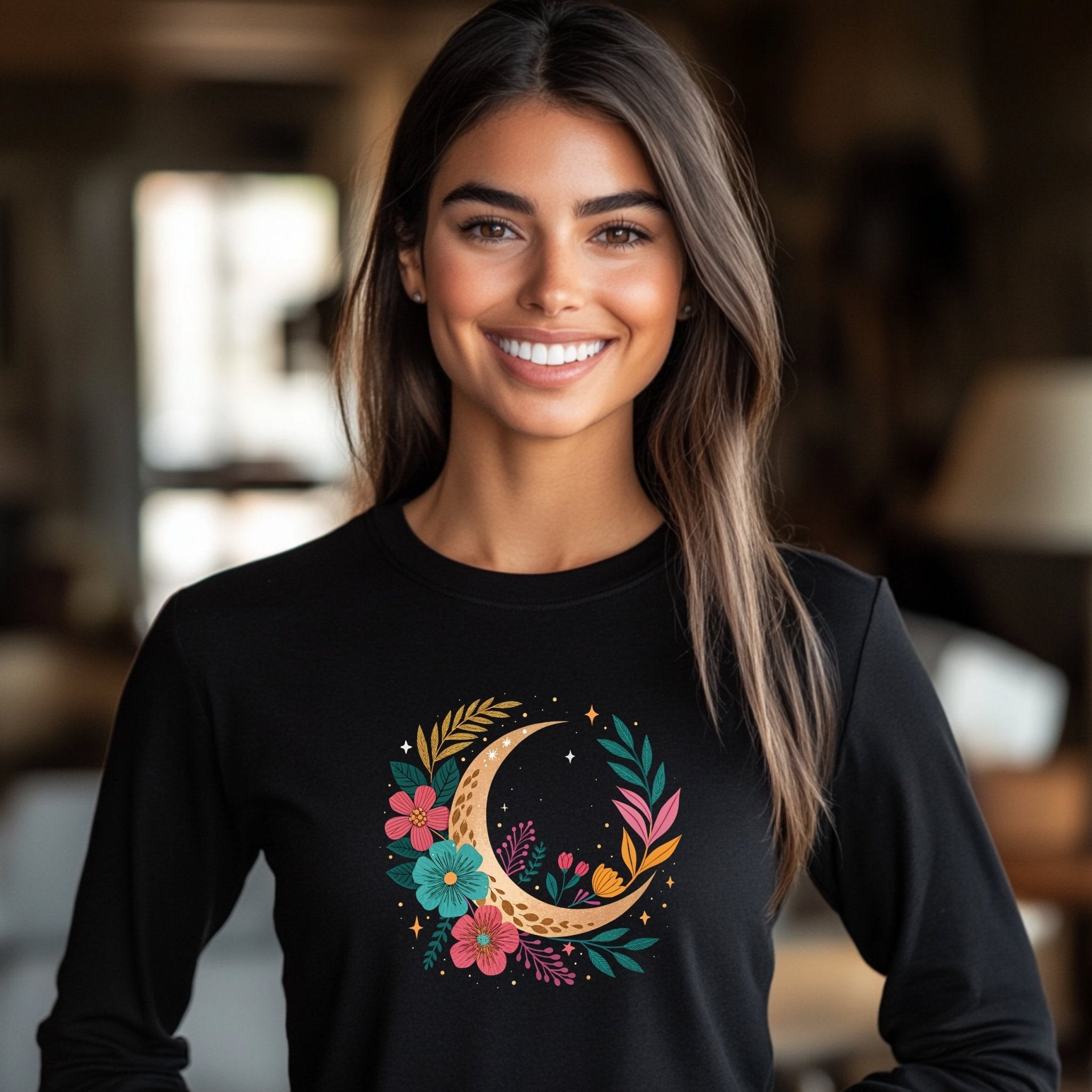 Boho Moon and Floral Design T-Shirt, Celestial Crescent Moon Flowers Tee, Artistic Botanicals Graphic T-Shirt, Gift for Her - Craig Michael Design