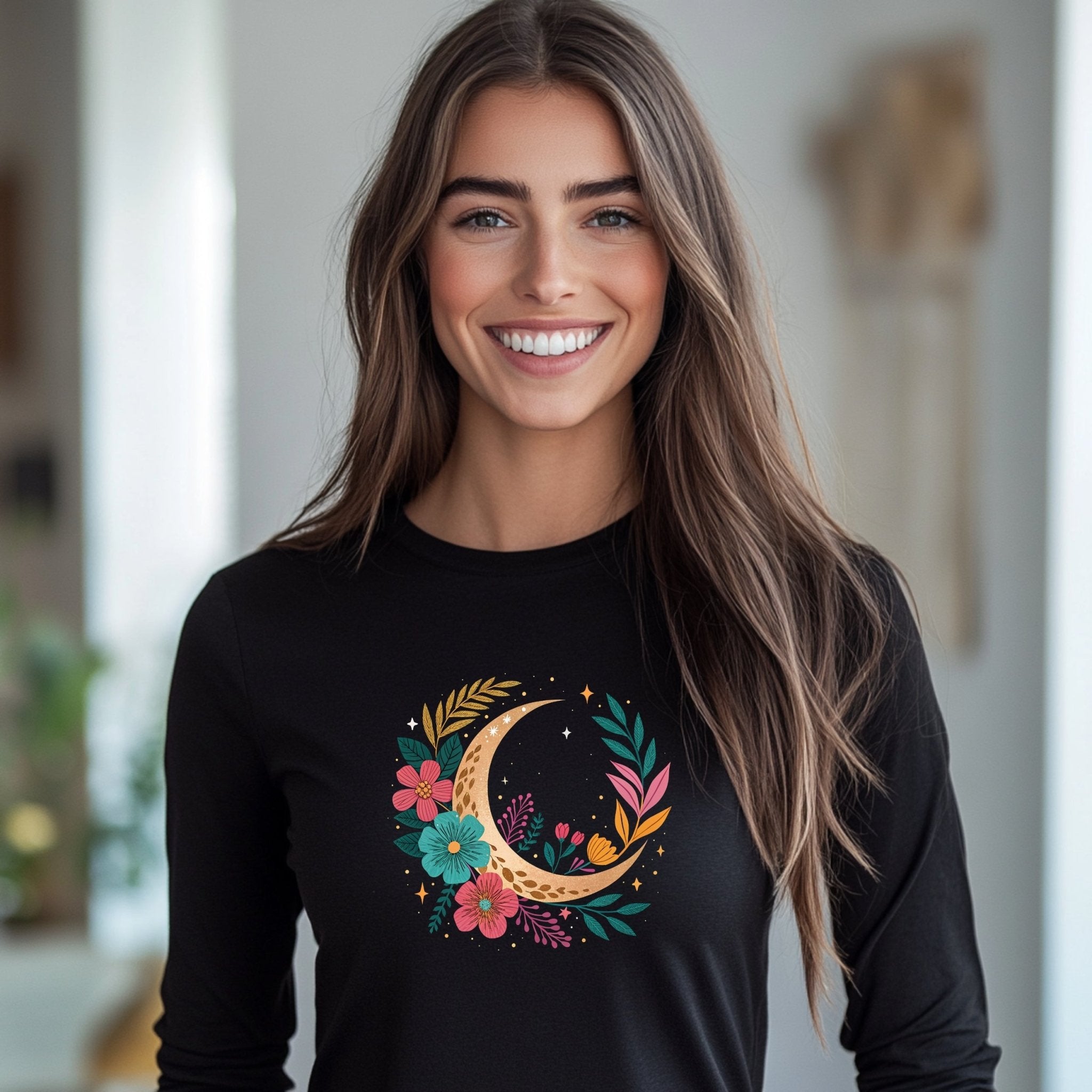 Boho Moon and Floral Design T-Shirt, Celestial Crescent Moon Flowers Tee, Artistic Botanicals Graphic T-Shirt, Gift for Her - Craig Michael Design