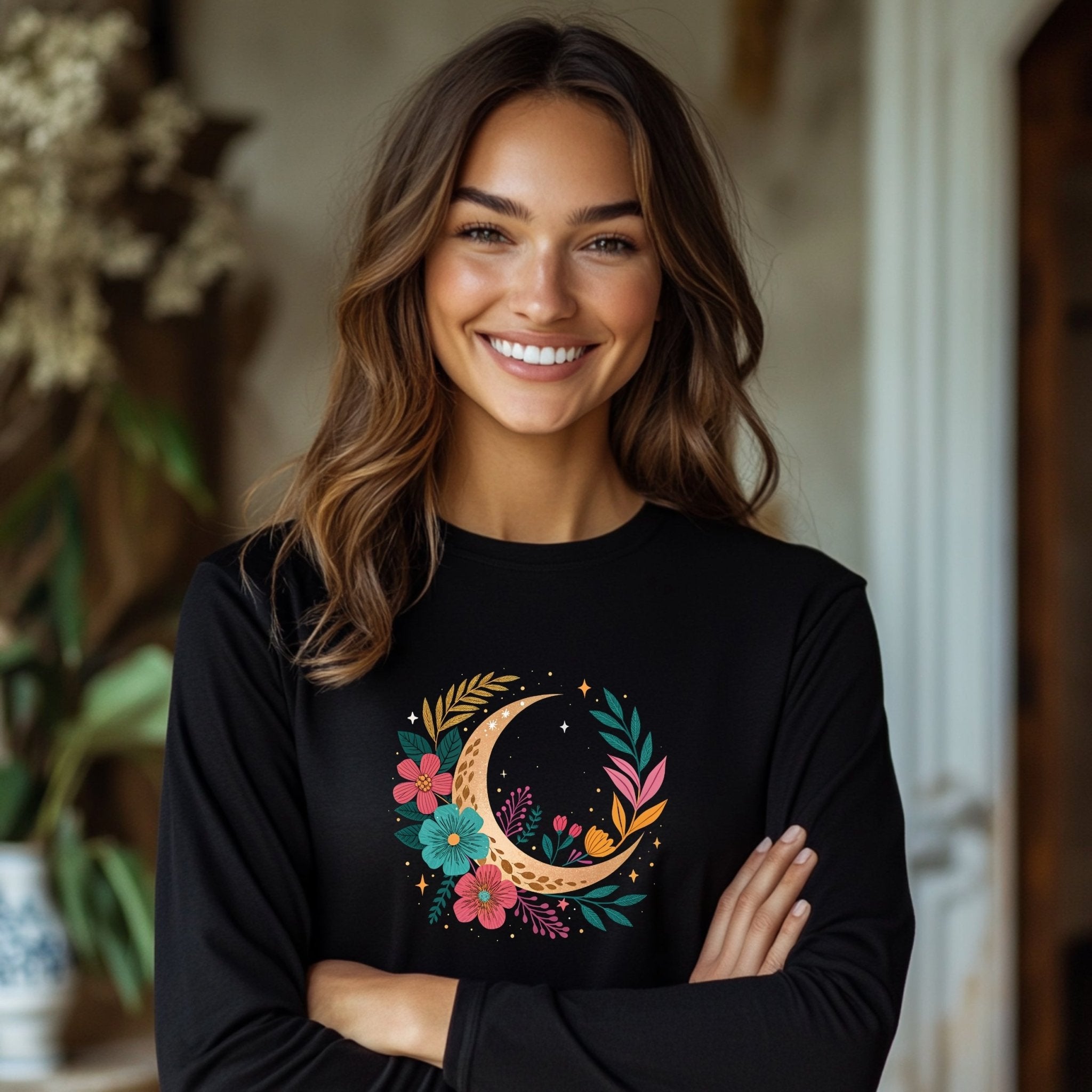 Boho Moon and Floral Design T-Shirt, Celestial Crescent Moon Flowers Tee, Artistic Botanicals Graphic T-Shirt, Gift for Her - Craig Michael Design