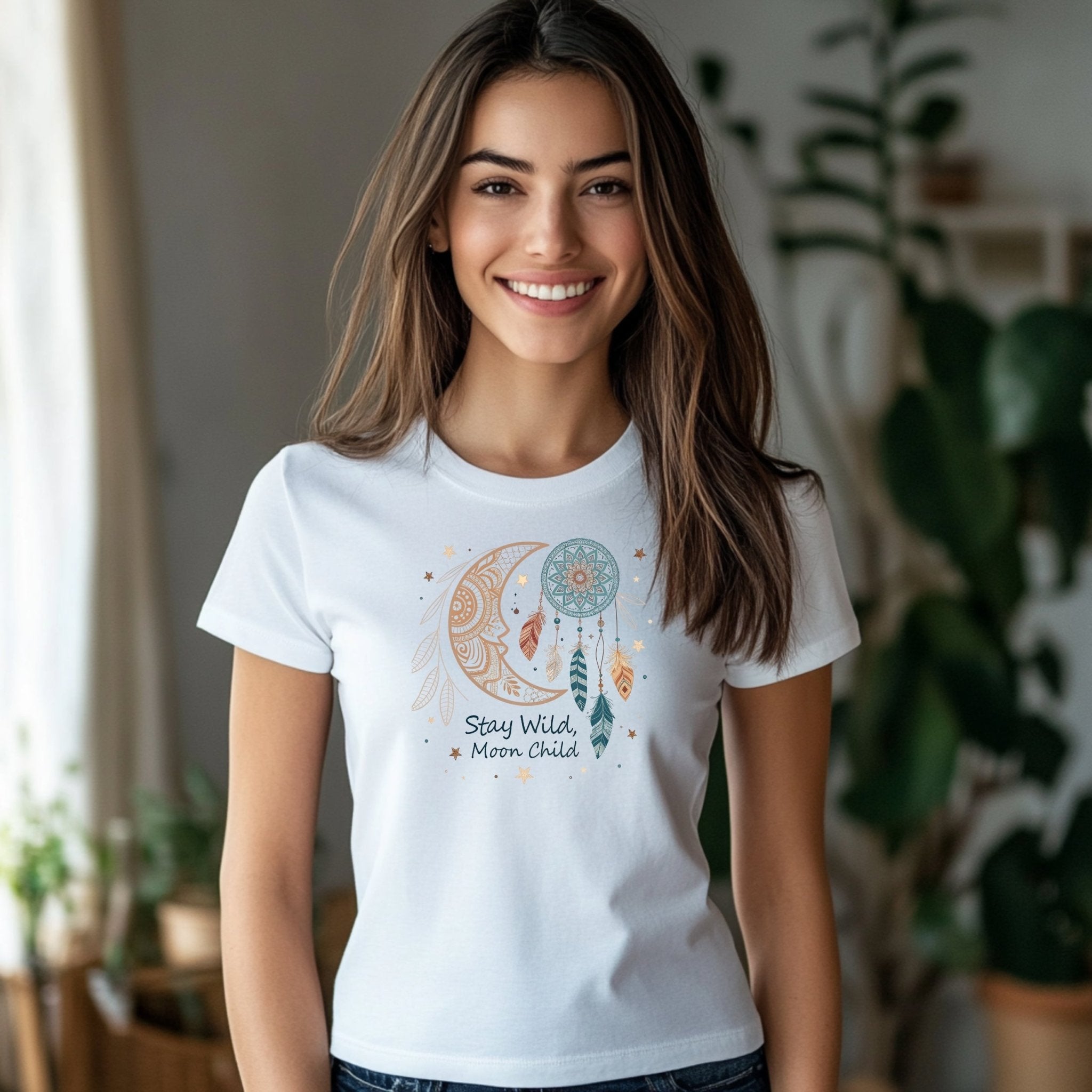 Boho Moon Child T-Shirt, Stay Wild Moon Child Tee, Dreamcatcher Moon Graphic Shirt, Celestial Bohemian Top, Spiritual Quote T-Shirt - Craig Michael Design