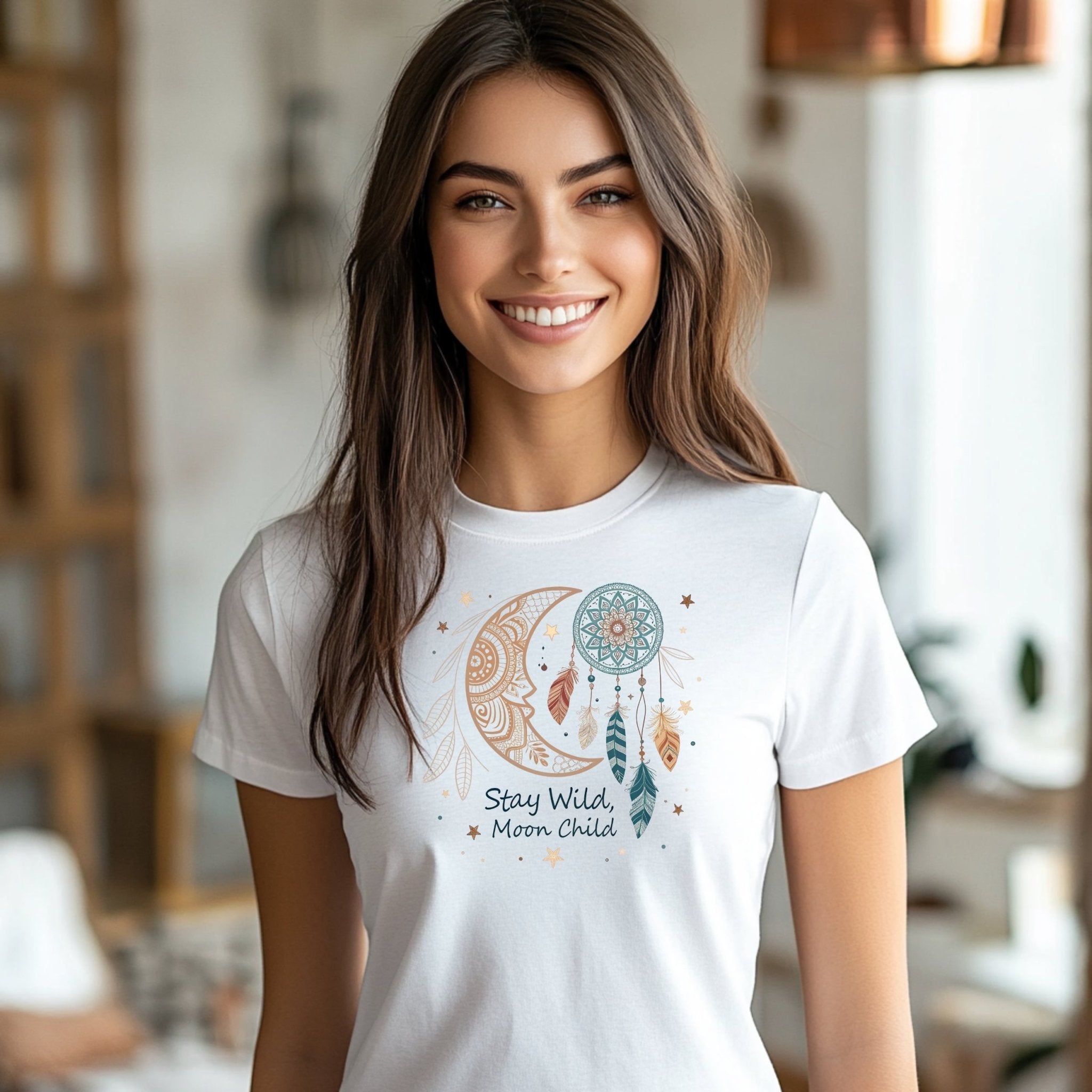 Boho Moon Child T-Shirt, Stay Wild Moon Child Tee, Dreamcatcher Moon Graphic Shirt, Celestial Bohemian Top, Spiritual Quote T-Shirt - Craig Michael Design