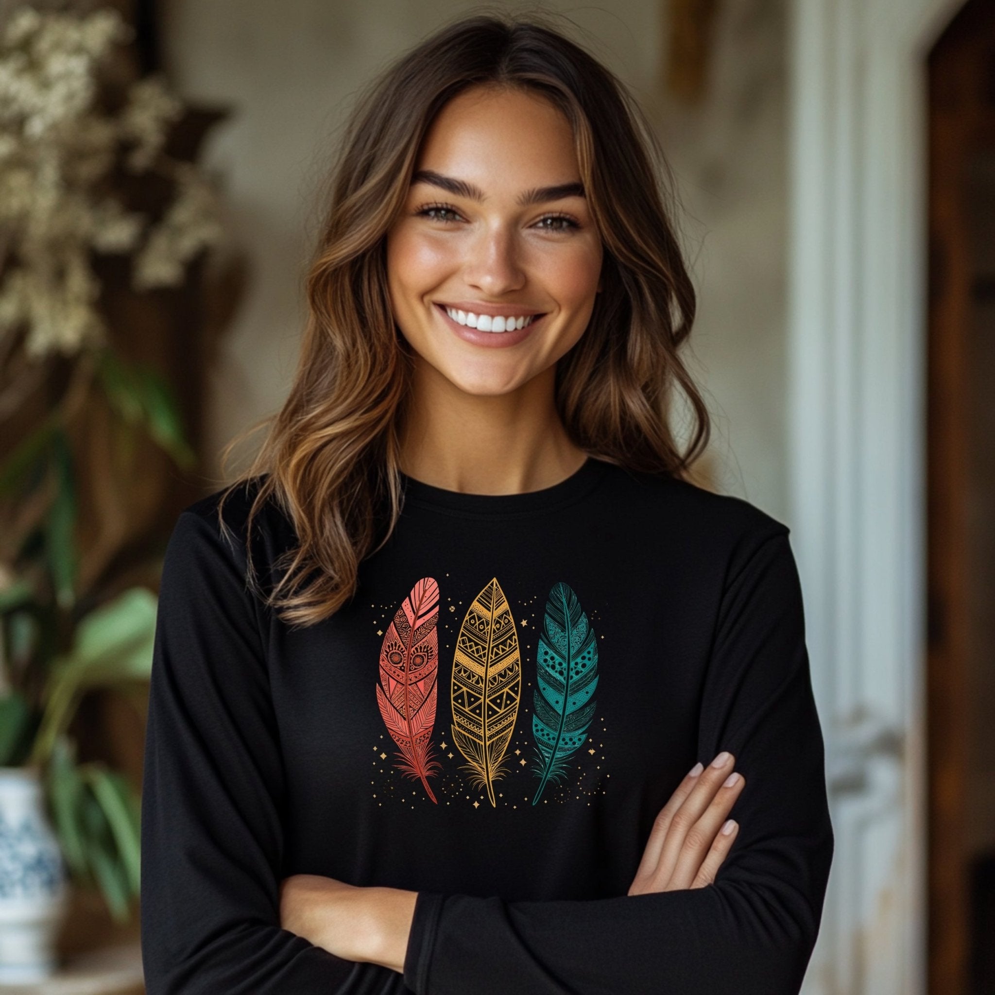 Boho Tribal Feather Design Long Sleeve T-Shirt, Colorful Art Print T-Shirt, Perfect Gift for Bohemian Style Lovers - Craig Michael Design