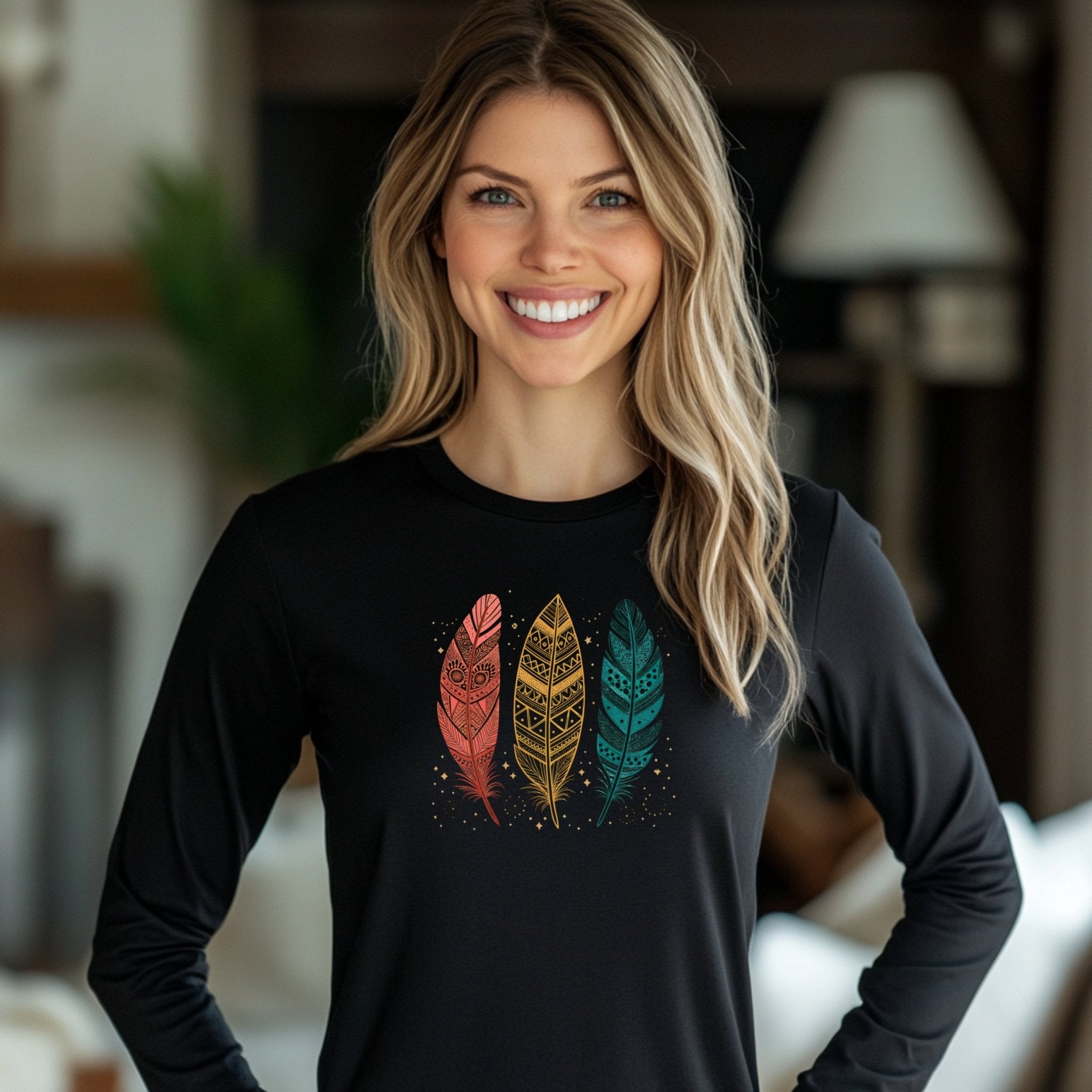 Boho Tribal Feather Design Long Sleeve T-Shirt, Colorful Art Print T-Shirt, Perfect Gift for Bohemian Style Lovers - Craig Michael Design