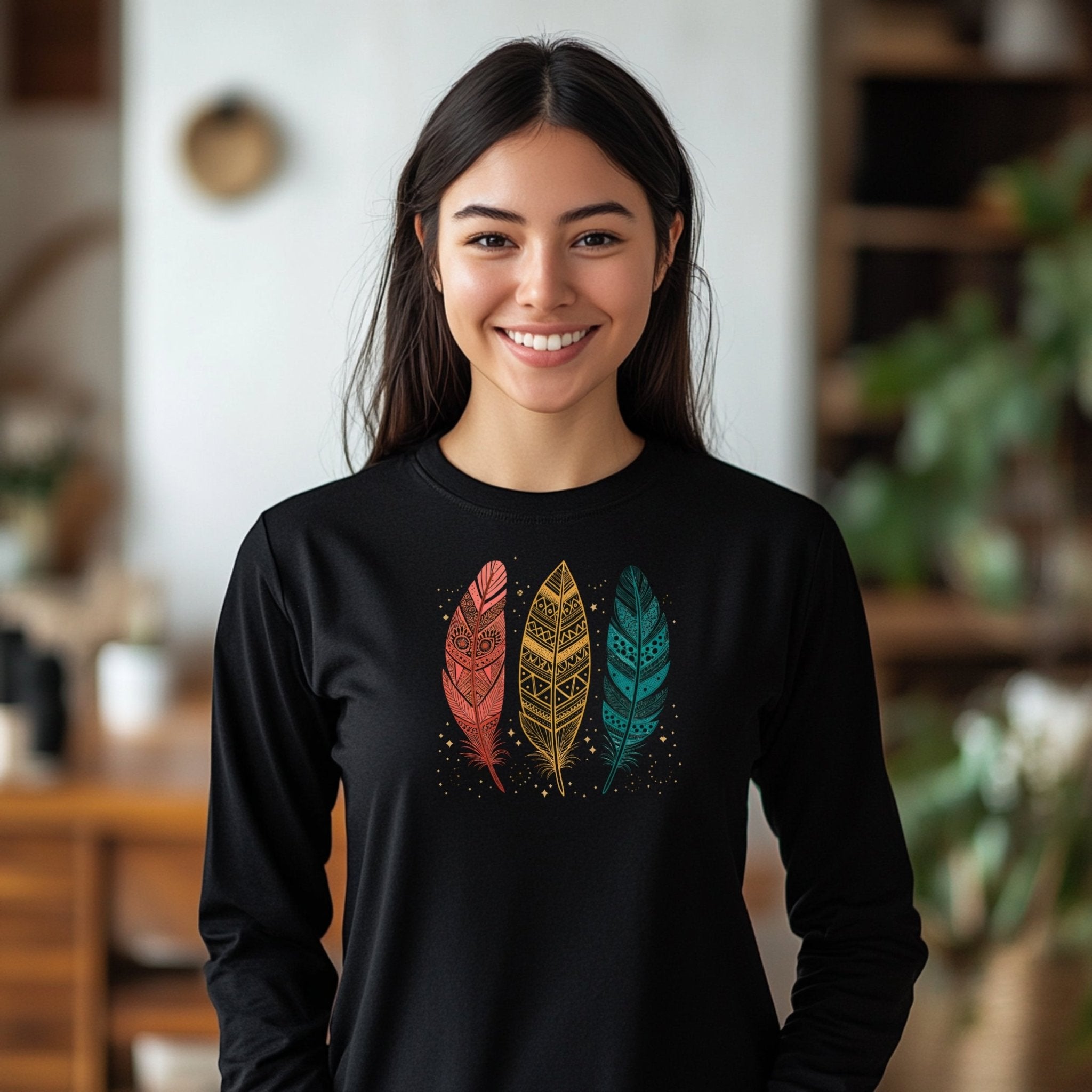 Boho Tribal Feather Design Long Sleeve T-Shirt, Colorful Art Print T-Shirt, Perfect Gift for Bohemian Style Lovers - Craig Michael Design