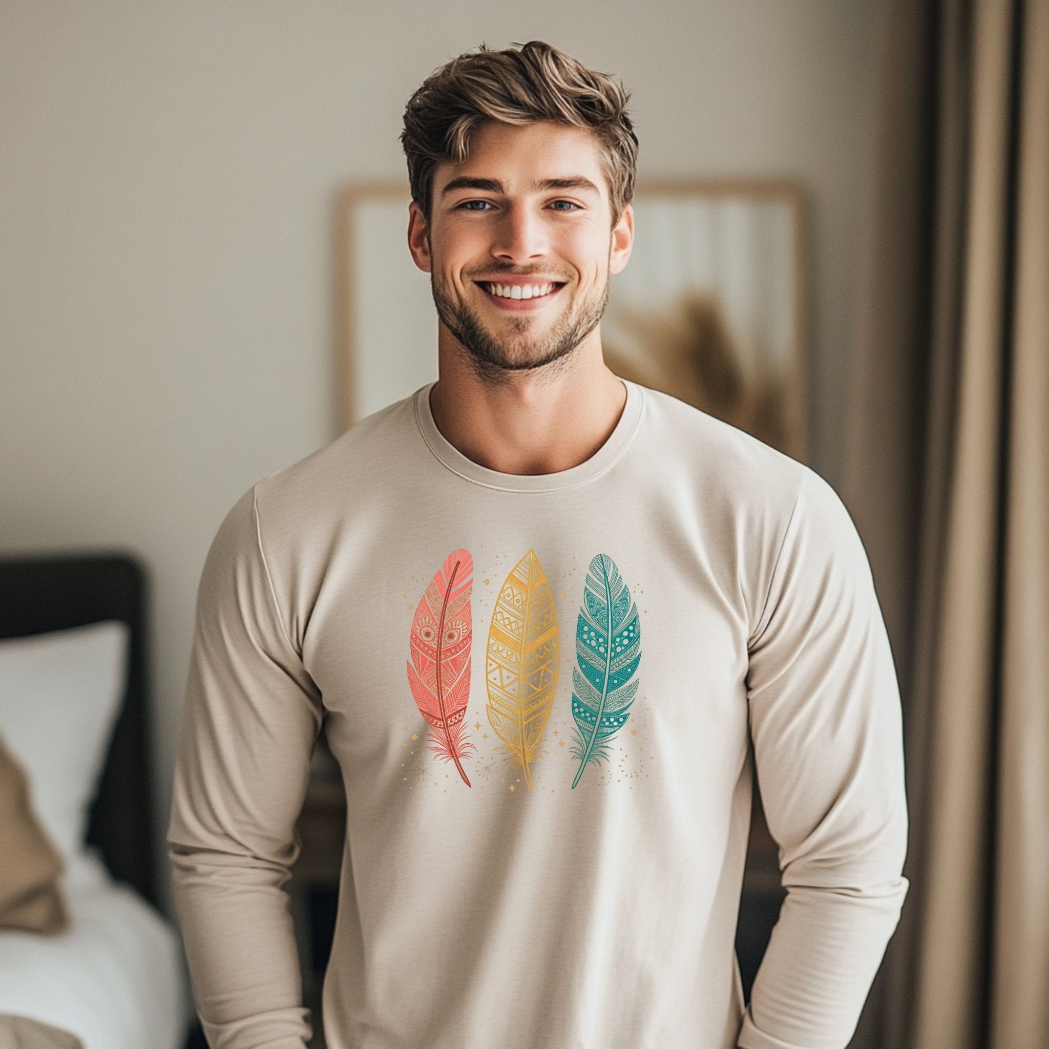 Boho Tribal Feather Design Long Sleeve T-Shirt, Colorful Art Print T-Shirt, Perfect Gift for Bohemian Style Lovers - Craig Michael Design