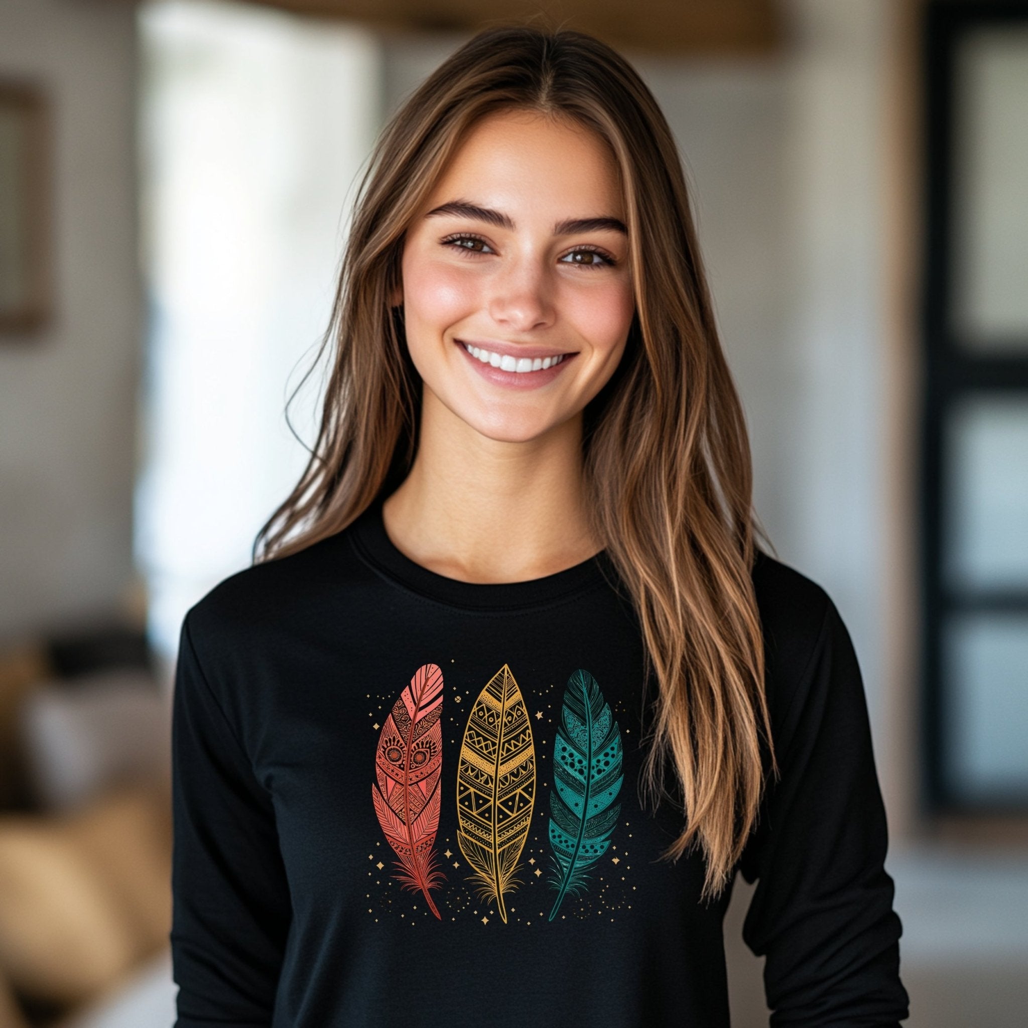 Boho Tribal Feather Design Long Sleeve T-Shirt, Colorful Art Print T-Shirt, Perfect Gift for Bohemian Style Lovers - Craig Michael Design