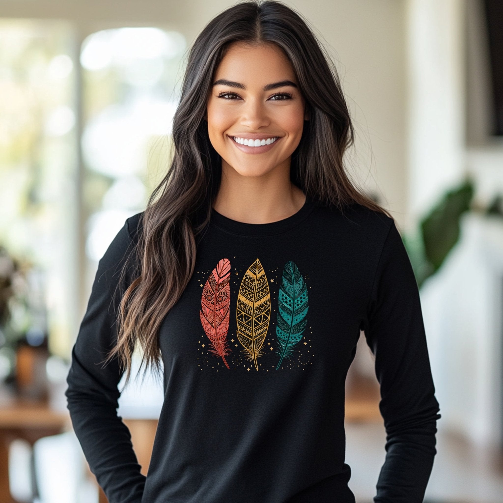 Boho Tribal Feather Design Long Sleeve T-Shirt, Colorful Art Print T-Shirt, Perfect Gift for Bohemian Style Lovers - Craig Michael Design