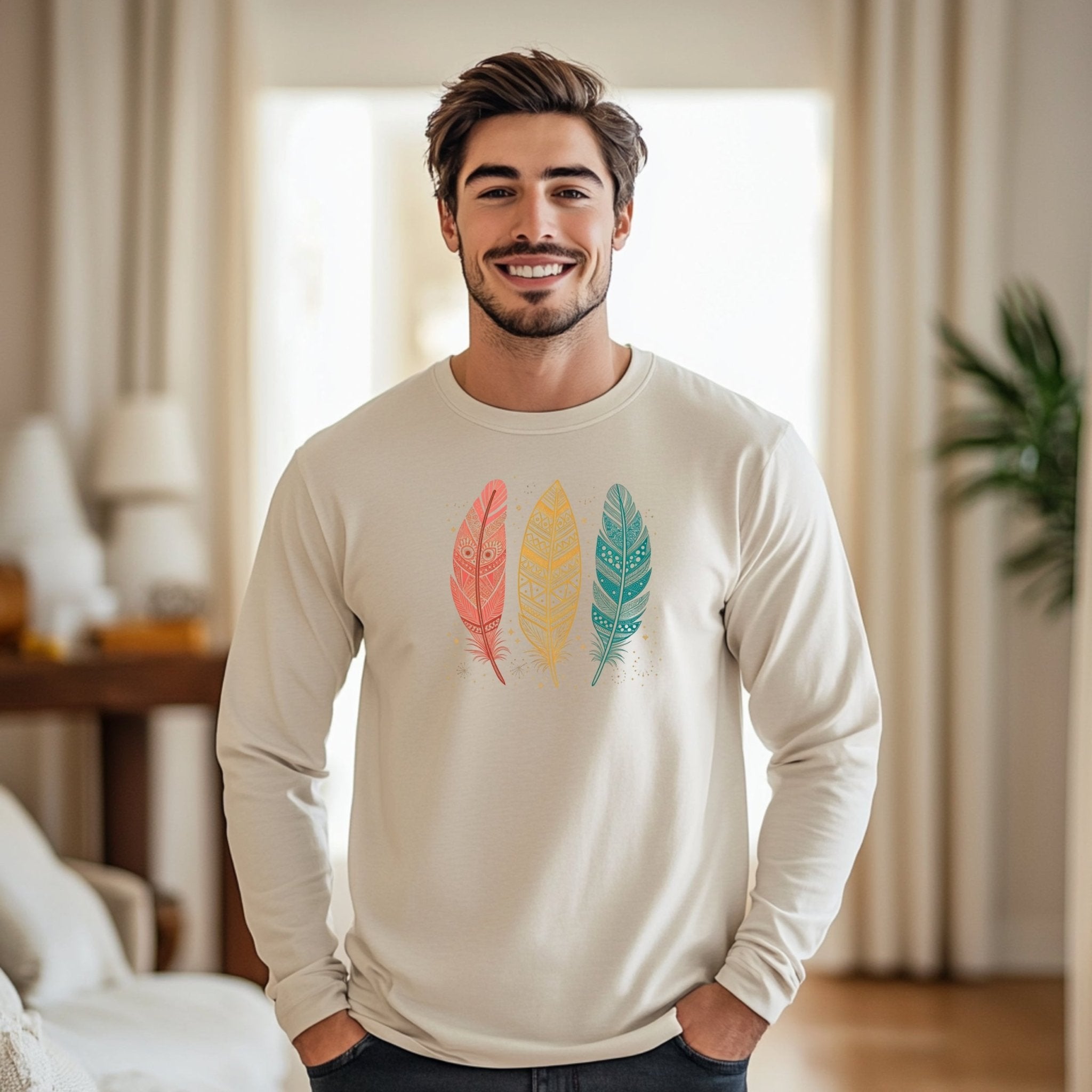 Boho Tribal Feather Design Long Sleeve T-Shirt, Colorful Art Print T-Shirt, Perfect Gift for Bohemian Style Lovers - Craig Michael Design