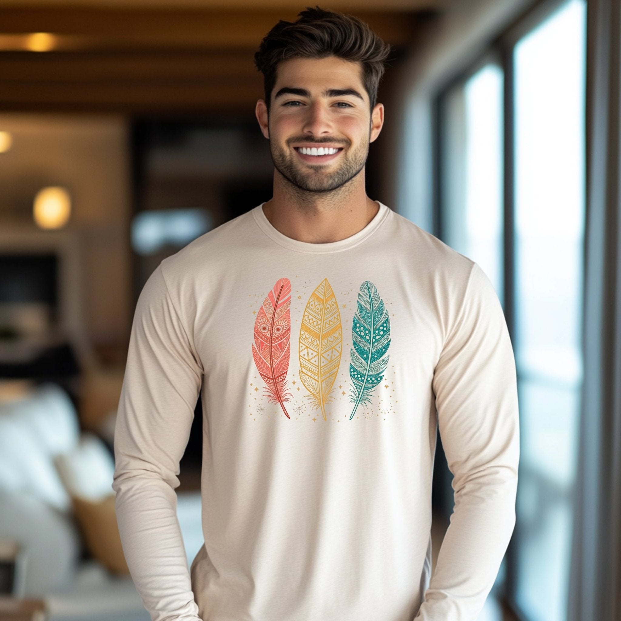 Boho Tribal Feather Design Long Sleeve T-Shirt, Colorful Art Print T-Shirt, Perfect Gift for Bohemian Style Lovers - Craig Michael Design