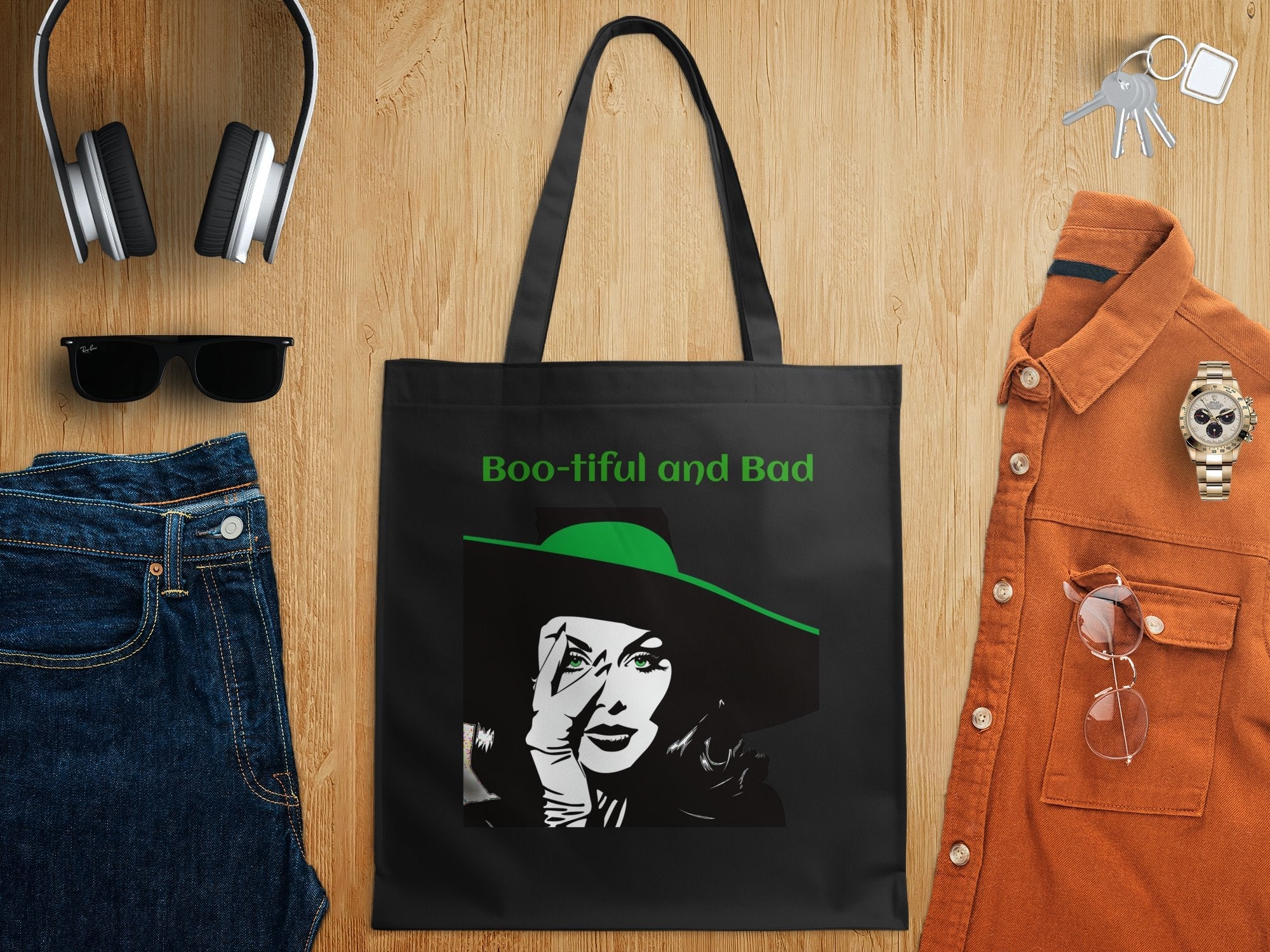 Boo - tiful and Bad Tote Bag, Halloween Tote Bag, Witch Face Tote Bag, Green and Black Witch Tote Bag, Spooky Tote - Craig Michael Design