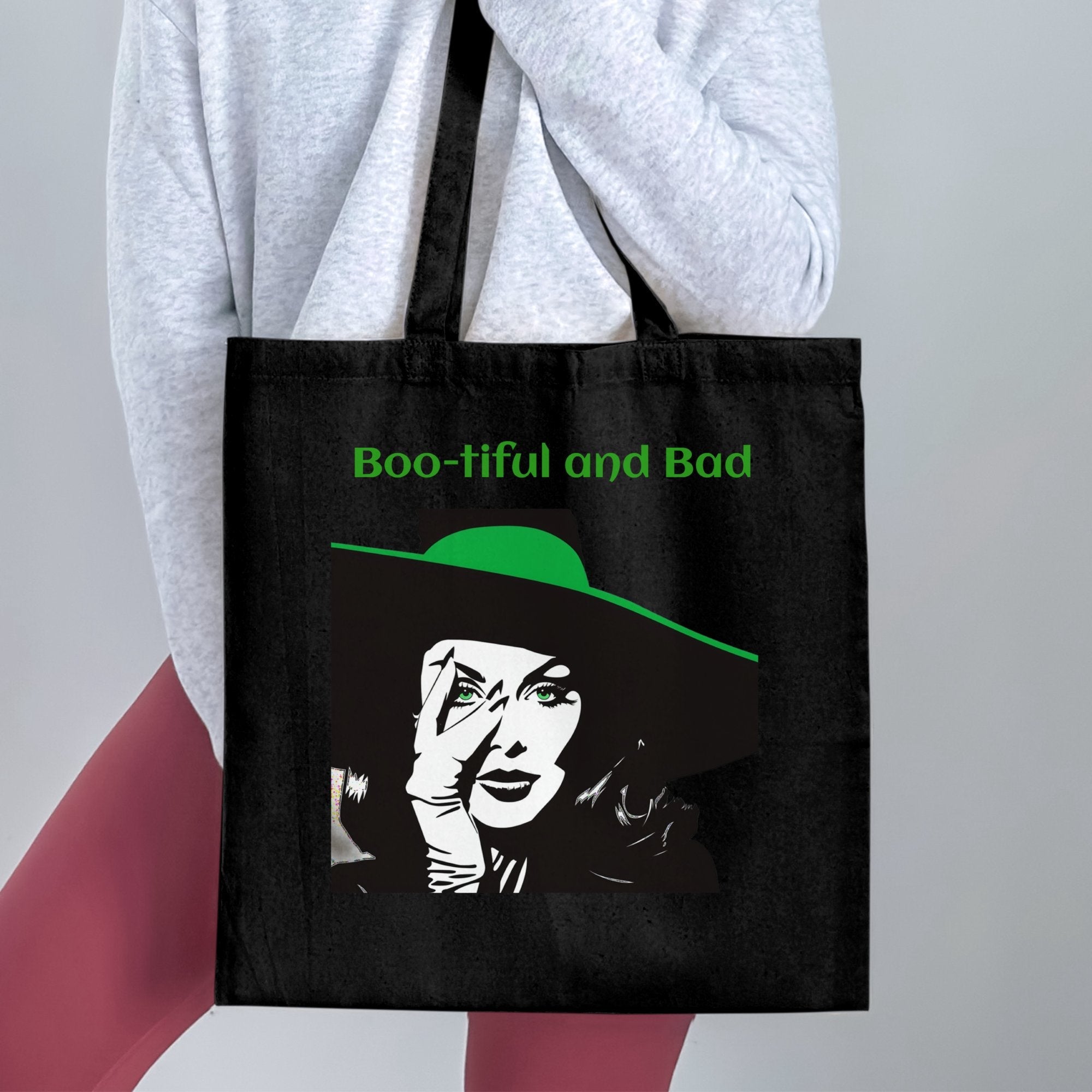 Boo - tiful and Bad Tote Bag, Halloween Tote Bag, Witch Face Tote Bag, Green and Black Witch Tote Bag, Spooky Tote - Craig Michael Design