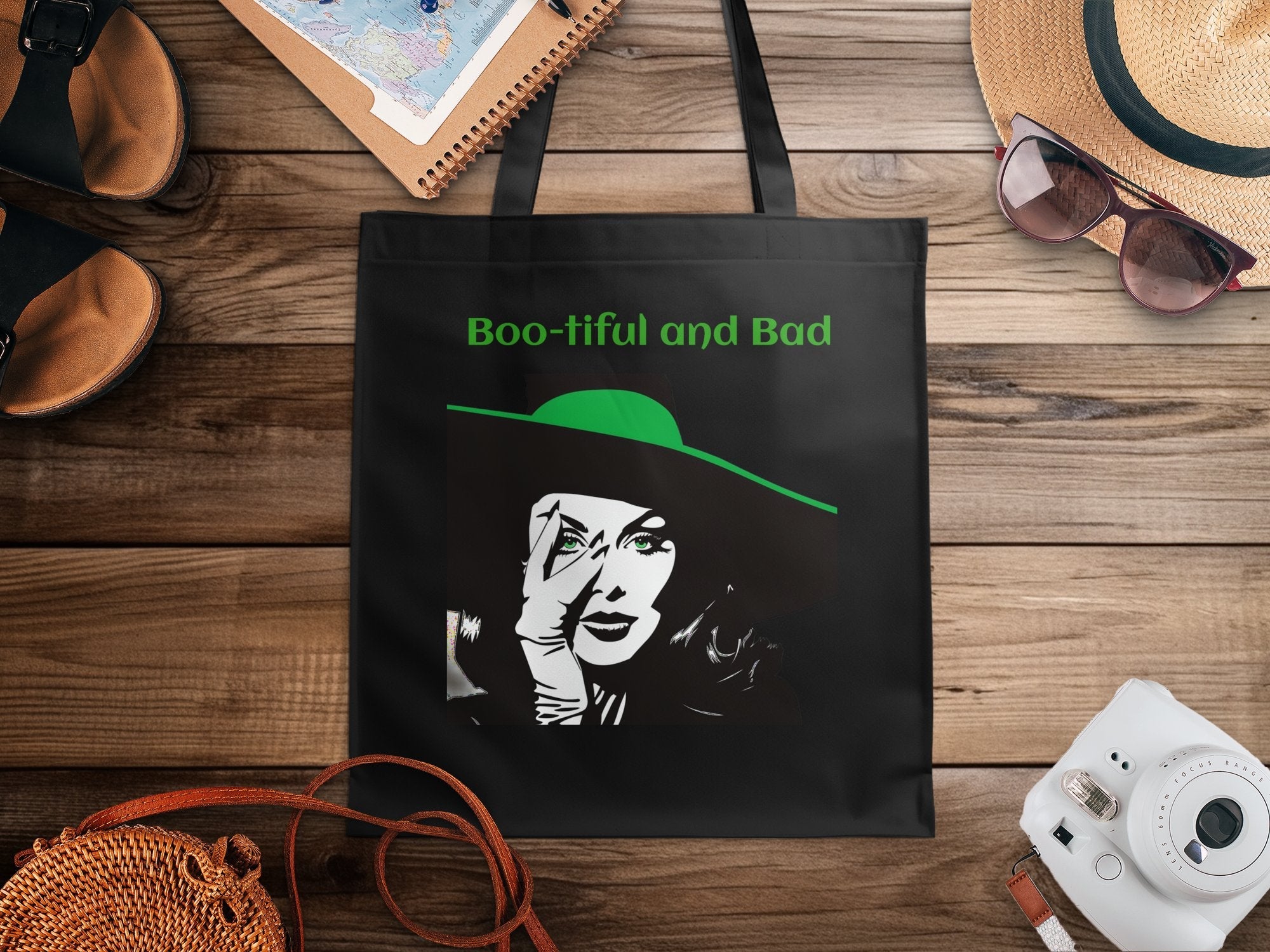 Boo - tiful and Bad Tote Bag, Halloween Tote Bag, Witch Face Tote Bag, Green and Black Witch Tote Bag, Spooky Tote - Craig Michael Design