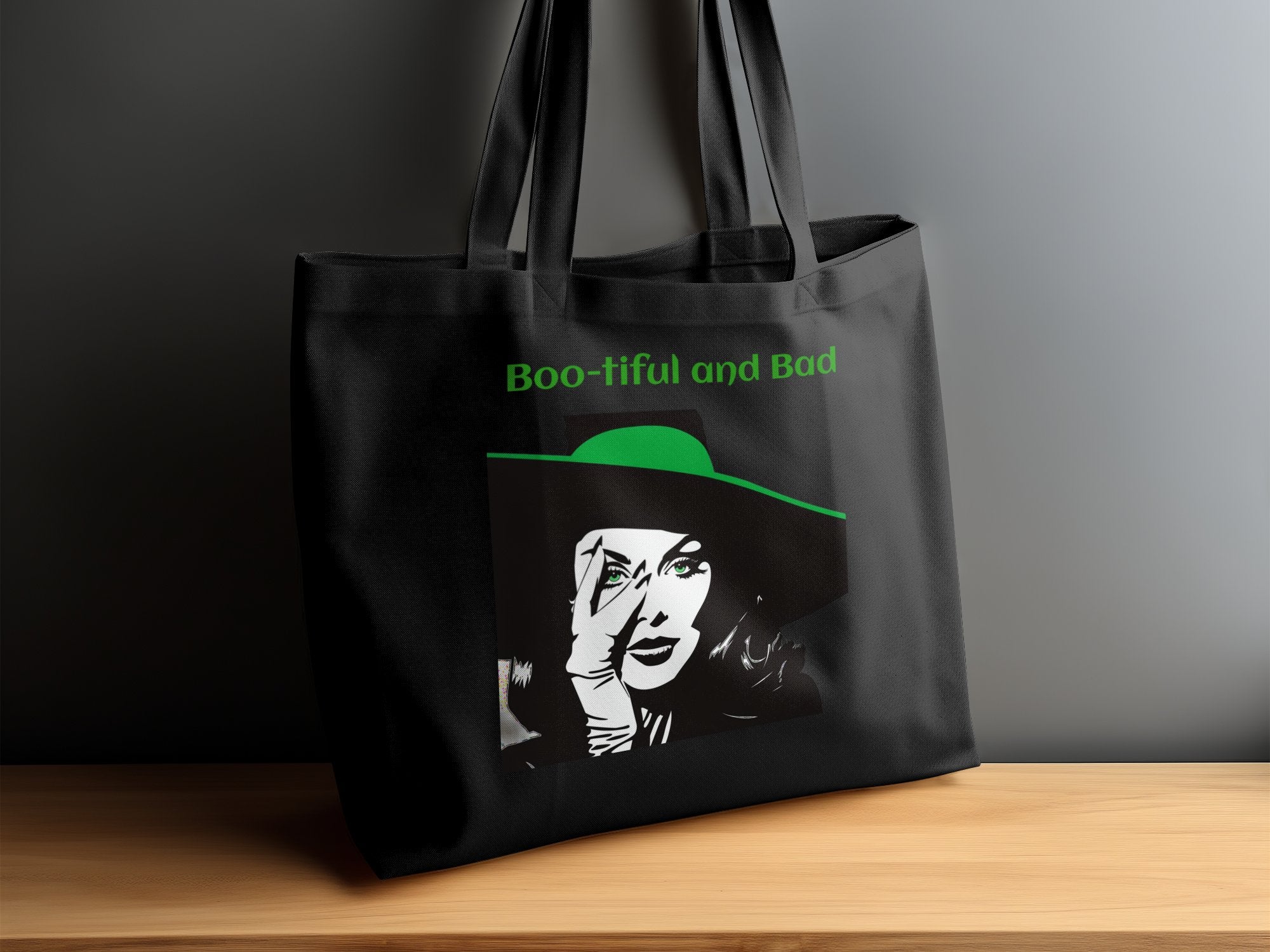 Boo - tiful and Bad Tote Bag, Halloween Tote Bag, Witch Face Tote Bag, Green and Black Witch Tote Bag, Spooky Tote - Craig Michael Design