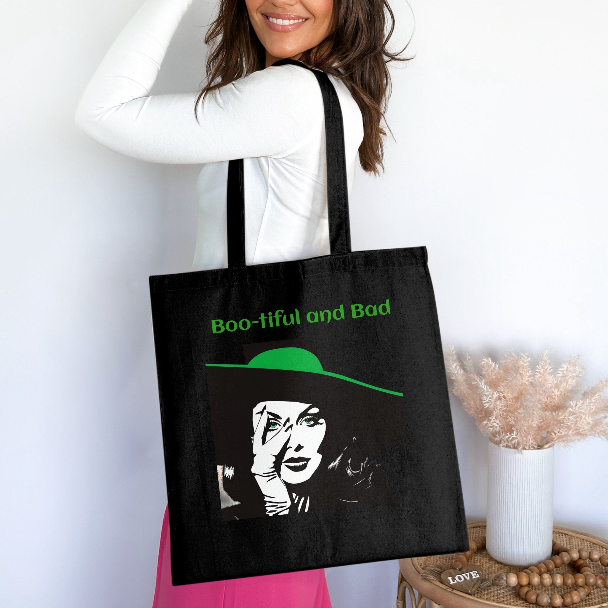 Boo - tiful and Bad Tote Bag, Halloween Tote Bag, Witch Face Tote Bag, Green and Black Witch Tote Bag, Spooky Tote - Craig Michael Design