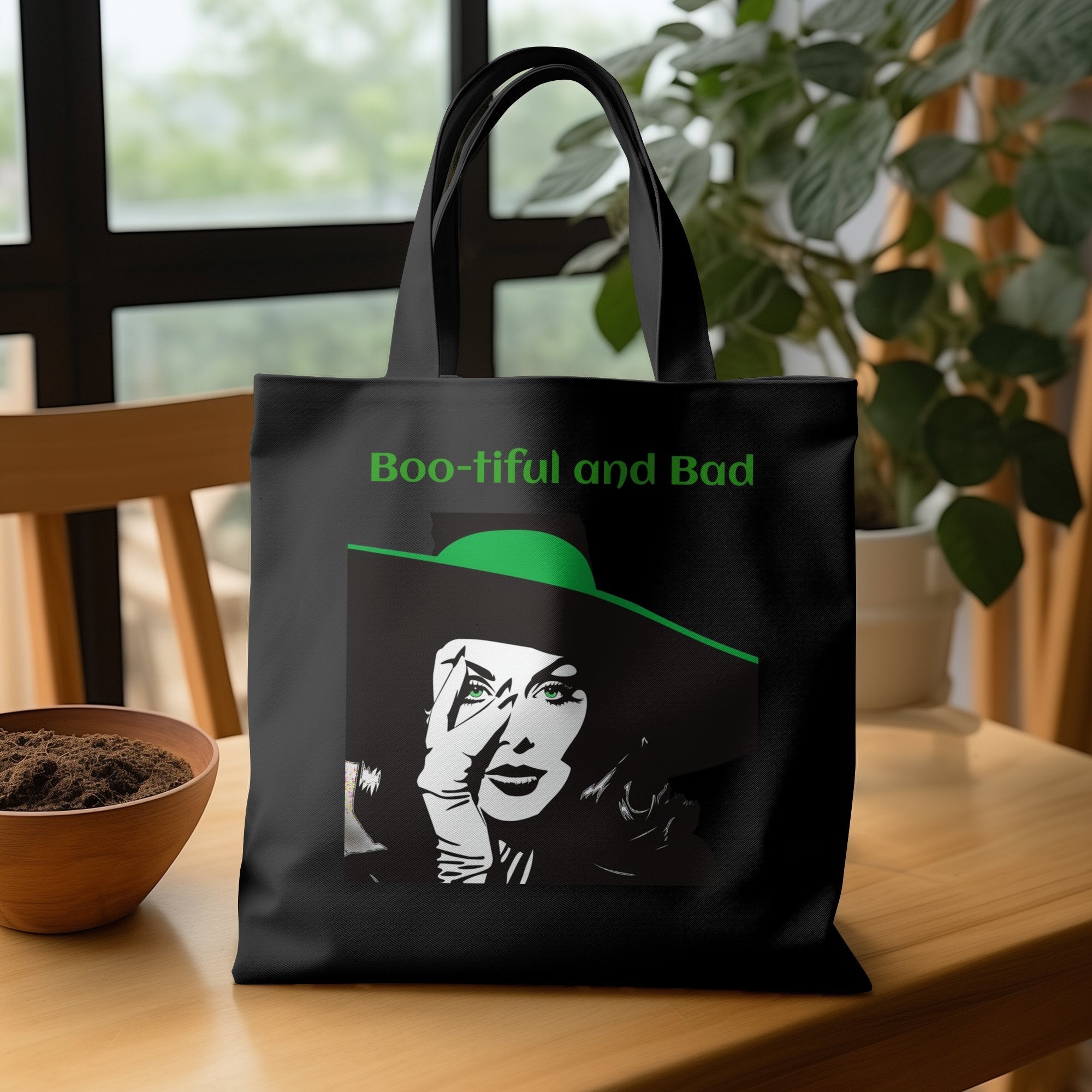 Boo - tiful and Bad Tote Bag, Halloween Tote Bag, Witch Face Tote Bag, Green and Black Witch Tote Bag, Spooky Tote - Craig Michael Design