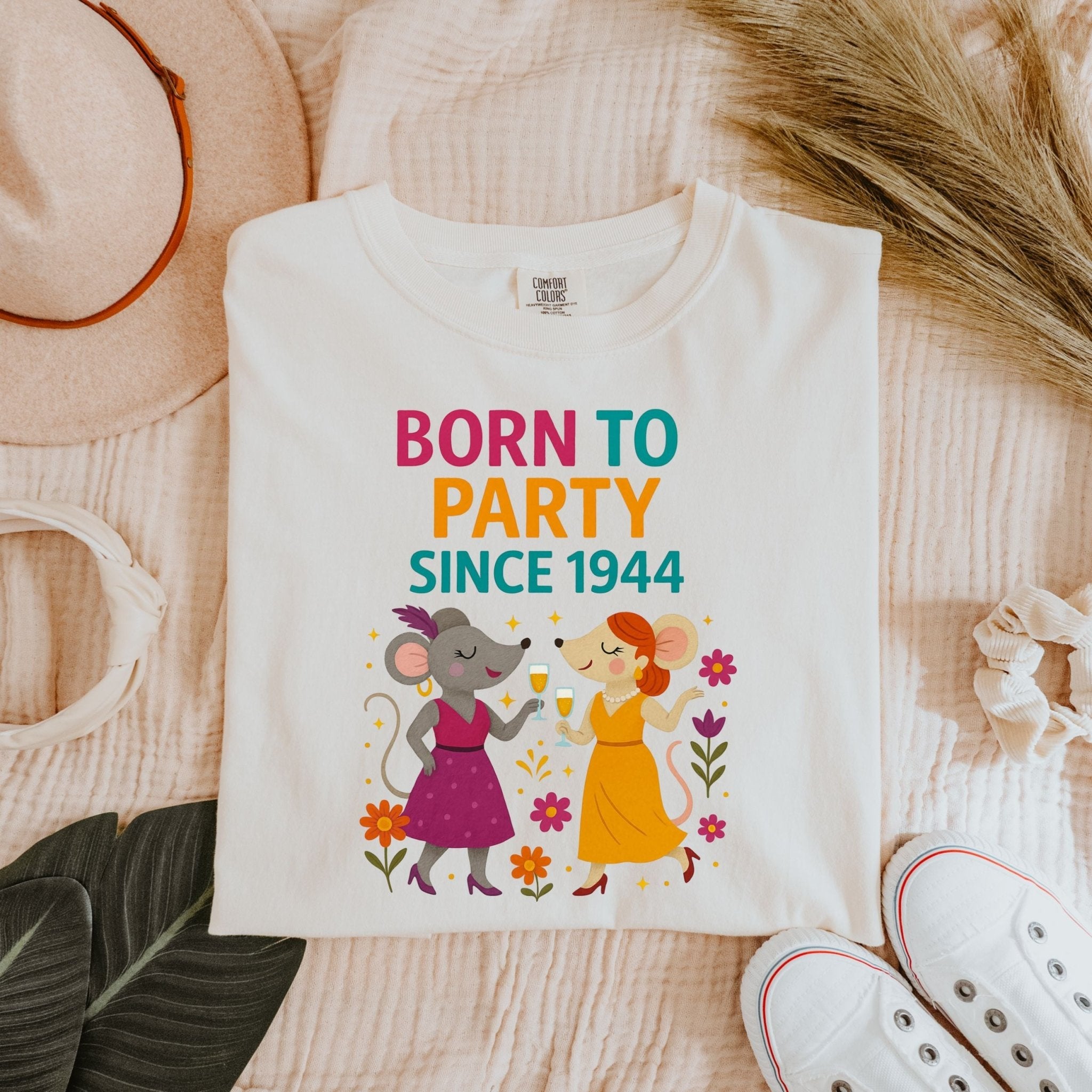 Born to Party Since 1944 Tee, Comfort Colours 80th Birthday Shirt, Funny Gift for Her, Embroidered Style Mouse T-Shirt, Milestone Party Top - Craig Michael Design