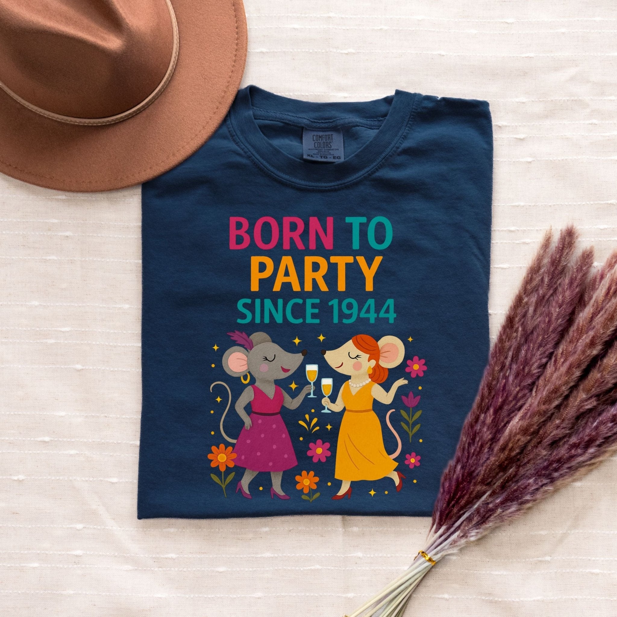 Born to Party Since 1944 Tee, Comfort Colours 80th Birthday Shirt, Funny Gift for Her, Embroidered Style Mouse T-Shirt, Milestone Party Top - Craig Michael Design