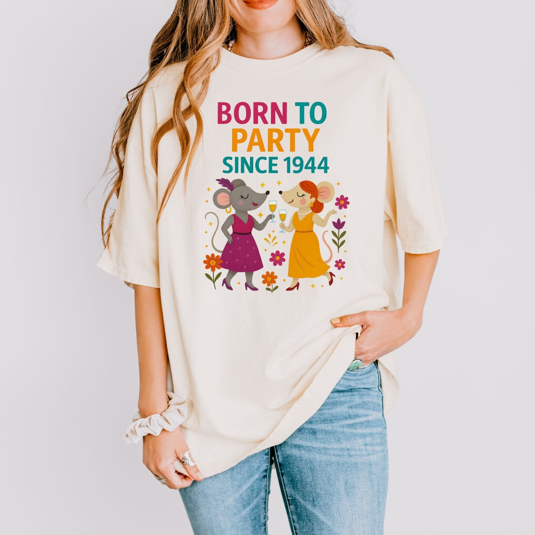 Born to Party Since 1944 Tee, Comfort Colours 80th Birthday Shirt, Funny Gift for Her, Embroidered Style Mouse T-Shirt, Milestone Party Top - Craig Michael Design