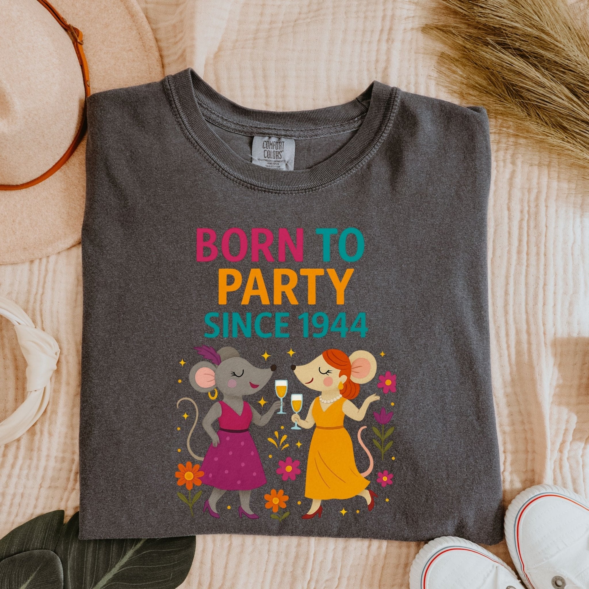 Born to Party Since 1944 Tee, Comfort Colours 80th Birthday Shirt, Funny Gift for Her, Embroidered Style Mouse T-Shirt, Milestone Party Top - Craig Michael Design