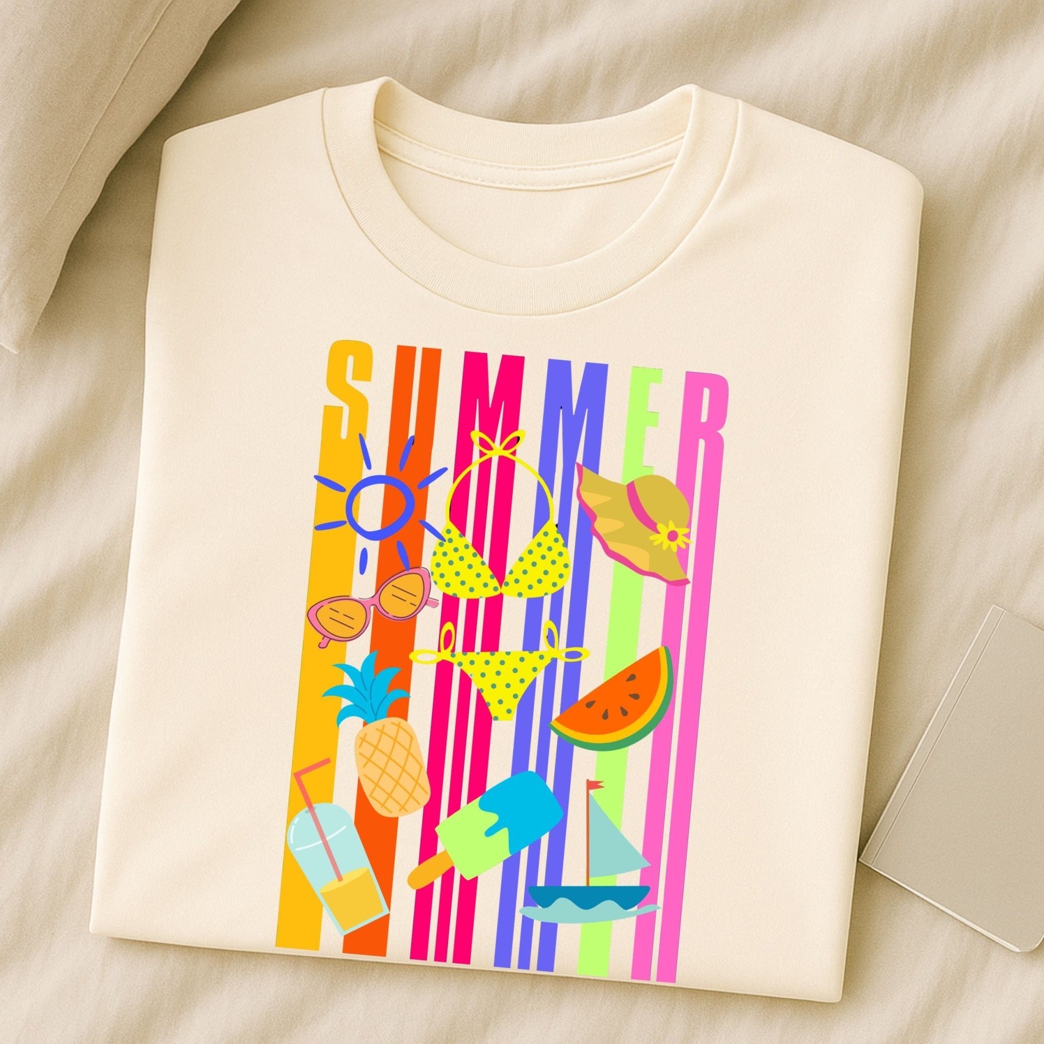 Bright Summer T-Shirt, Colourful Beach Shirt for Women, Tropical Holiday Tee - Craig Michael Design