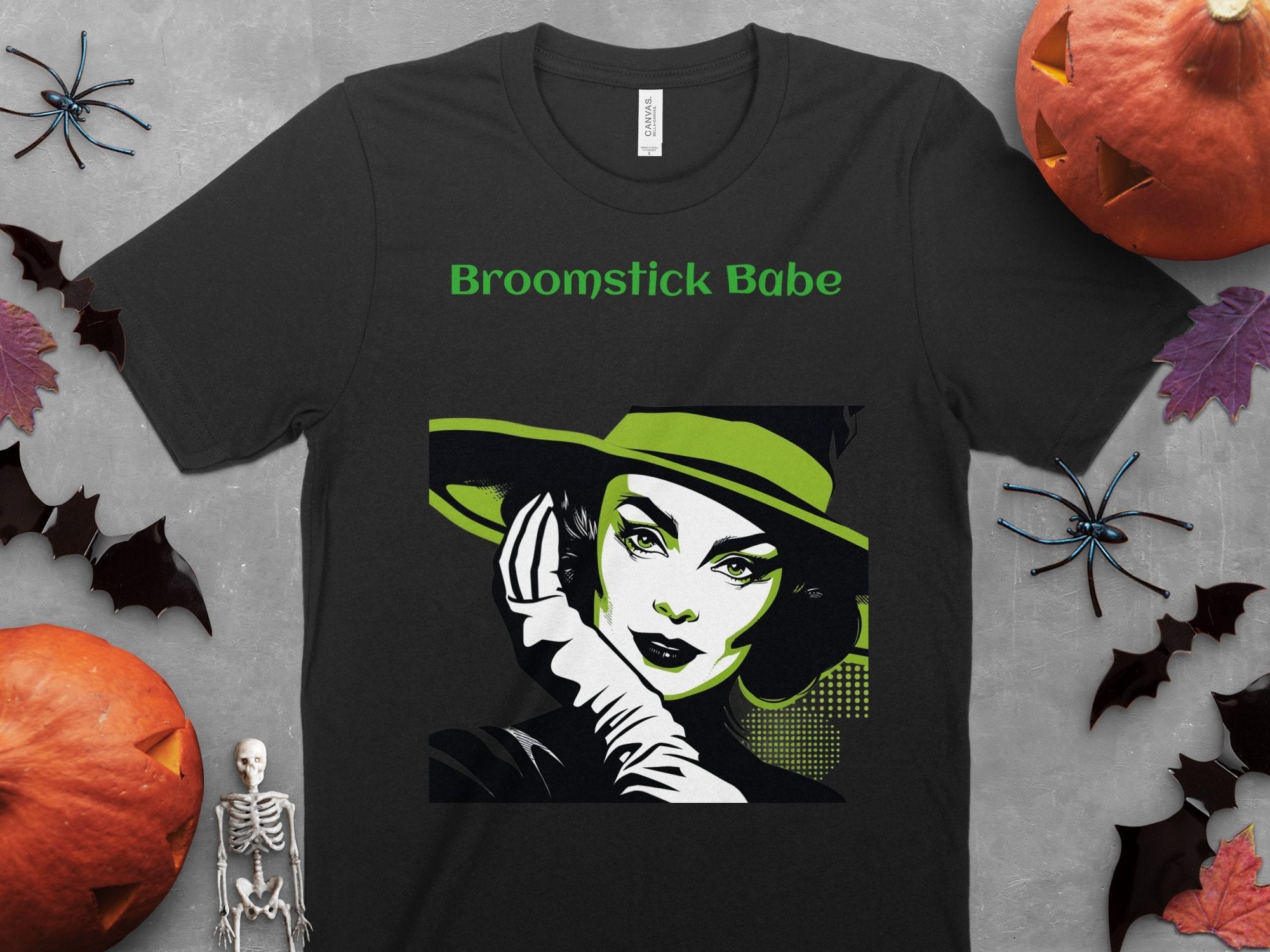 Broomstick Babe Graphic T-Shirt, Witch Themed Fashion Tee, Halloween Retro Art Shirt, Vintage Style Witch Crafty Design Top - Craig Michael Design