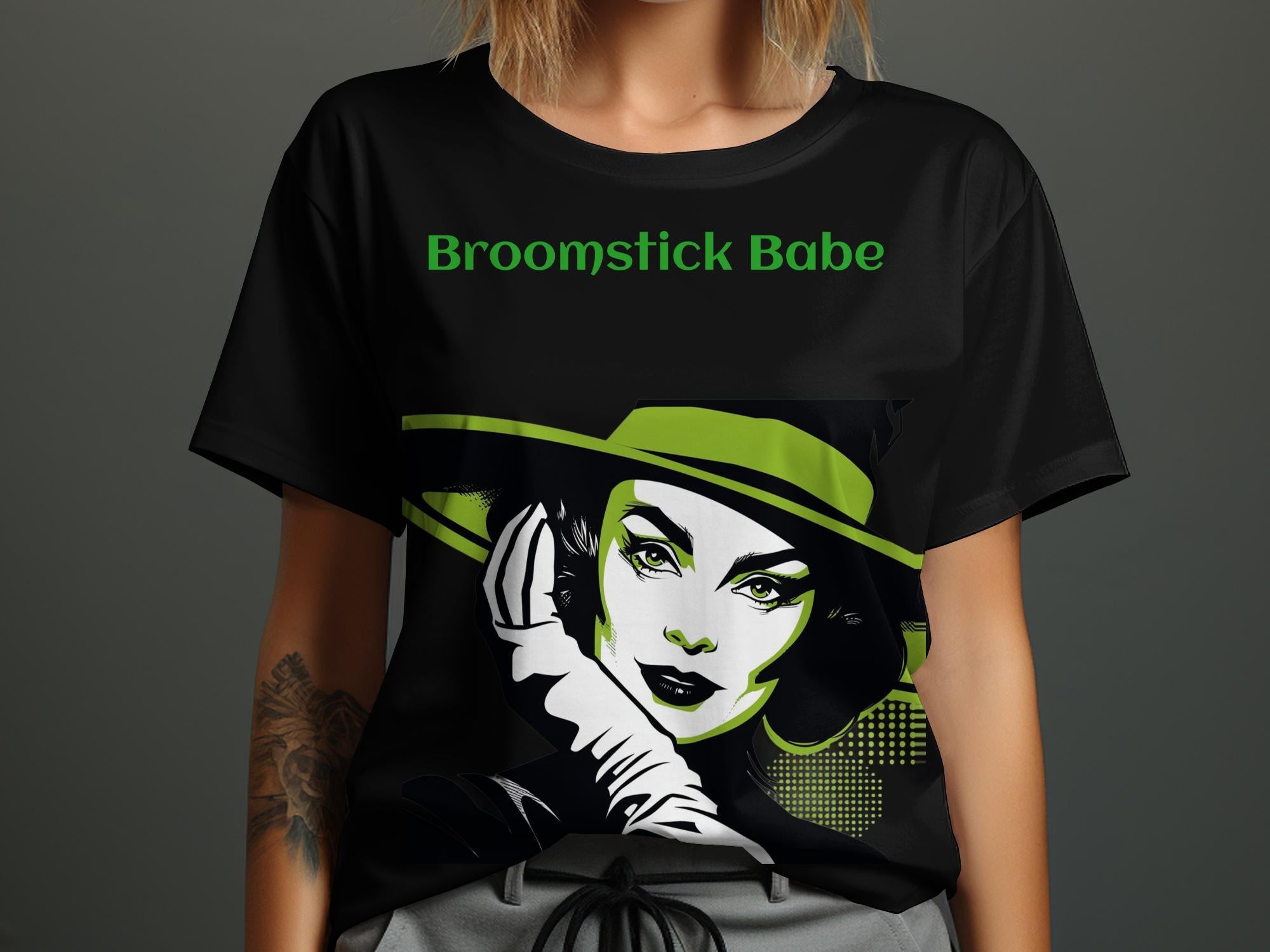 Broomstick Babe Graphic T-Shirt, Witch Themed Fashion Tee, Halloween Retro Art Shirt, Vintage Style Witch Crafty Design Top - Craig Michael Design