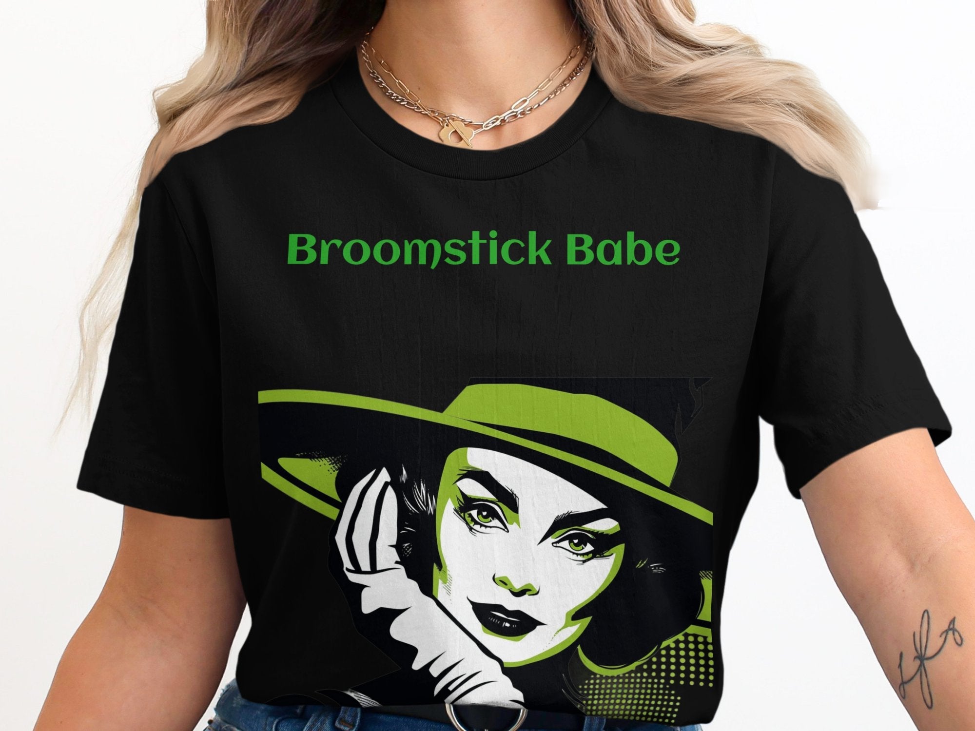 Broomstick Babe Graphic T-Shirt, Witch Themed Fashion Tee, Halloween Retro Art Shirt, Vintage Style Witch Crafty Design Top - Craig Michael Design