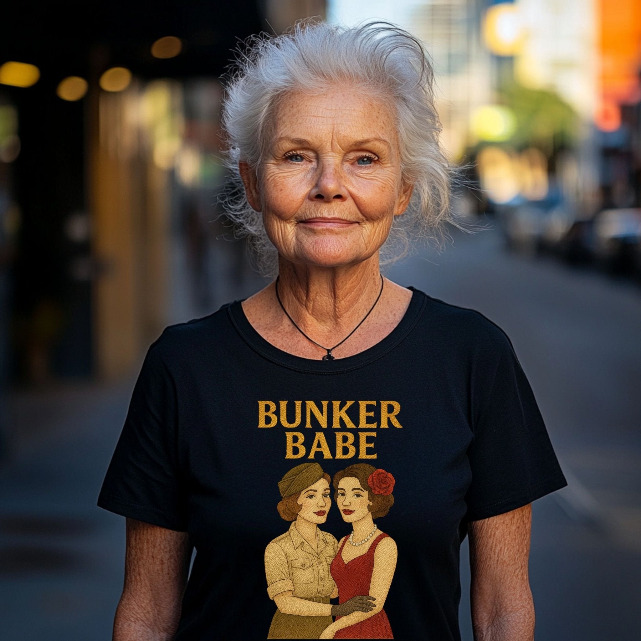 Bunker Babe Tee, 1940s Lesbian Pinup T-Shirt, Embroidered Style Queer Pride Shirt, Retro Femme Gay Gift for Her - Craig Michael Design