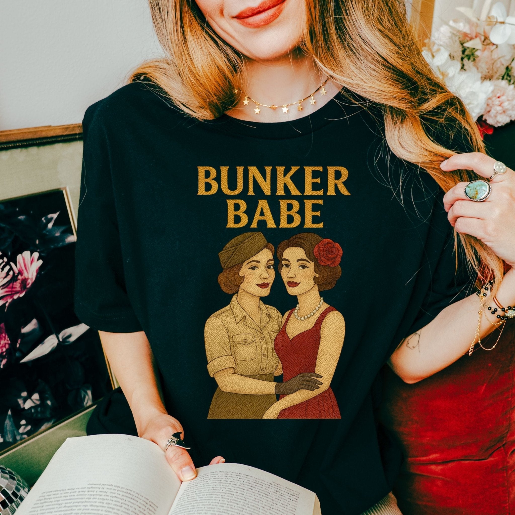 Bunker Babe Tee, 1940s Lesbian Pinup T-Shirt, Embroidered Style Queer Pride Shirt, Retro Femme Gay Gift for Her - Craig Michael Design