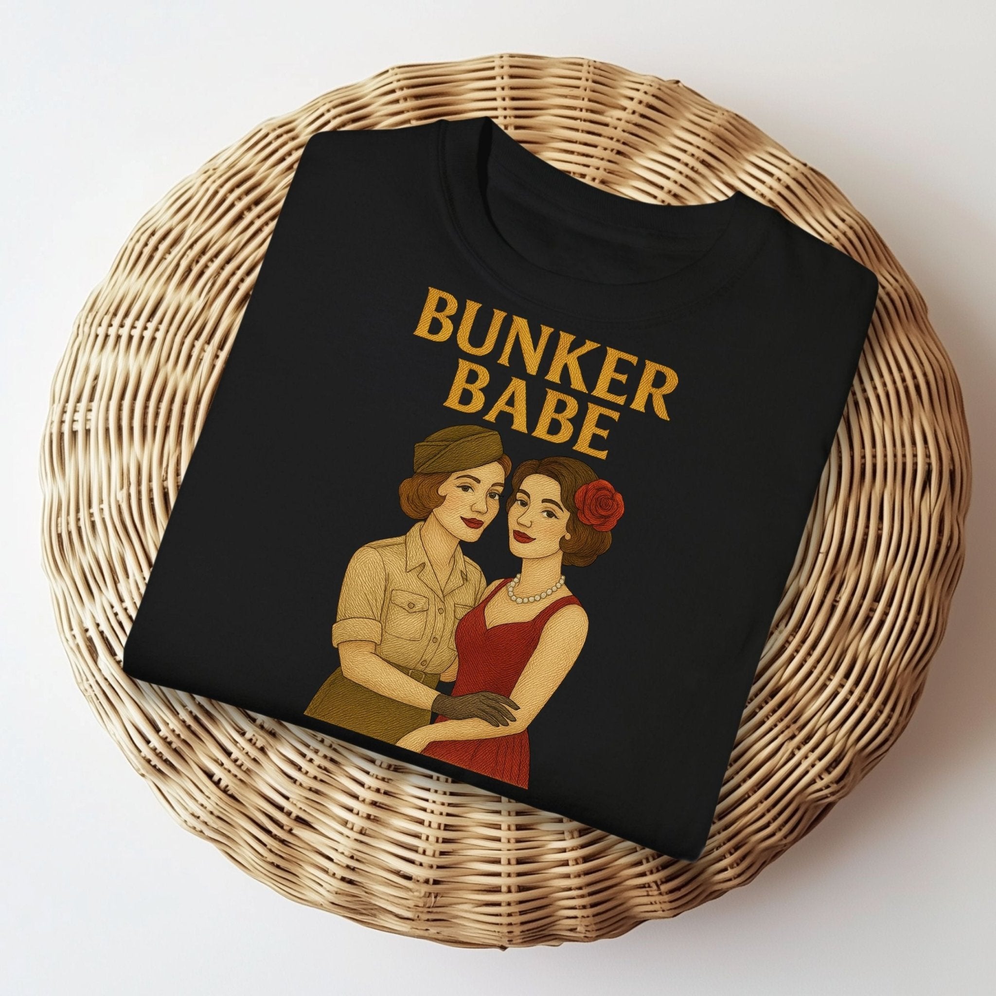 Bunker Babe Tee, 1940s Lesbian Pinup T-Shirt, Embroidered Style Queer Pride Shirt, Retro Femme Gay Gift for Her - Craig Michael Design