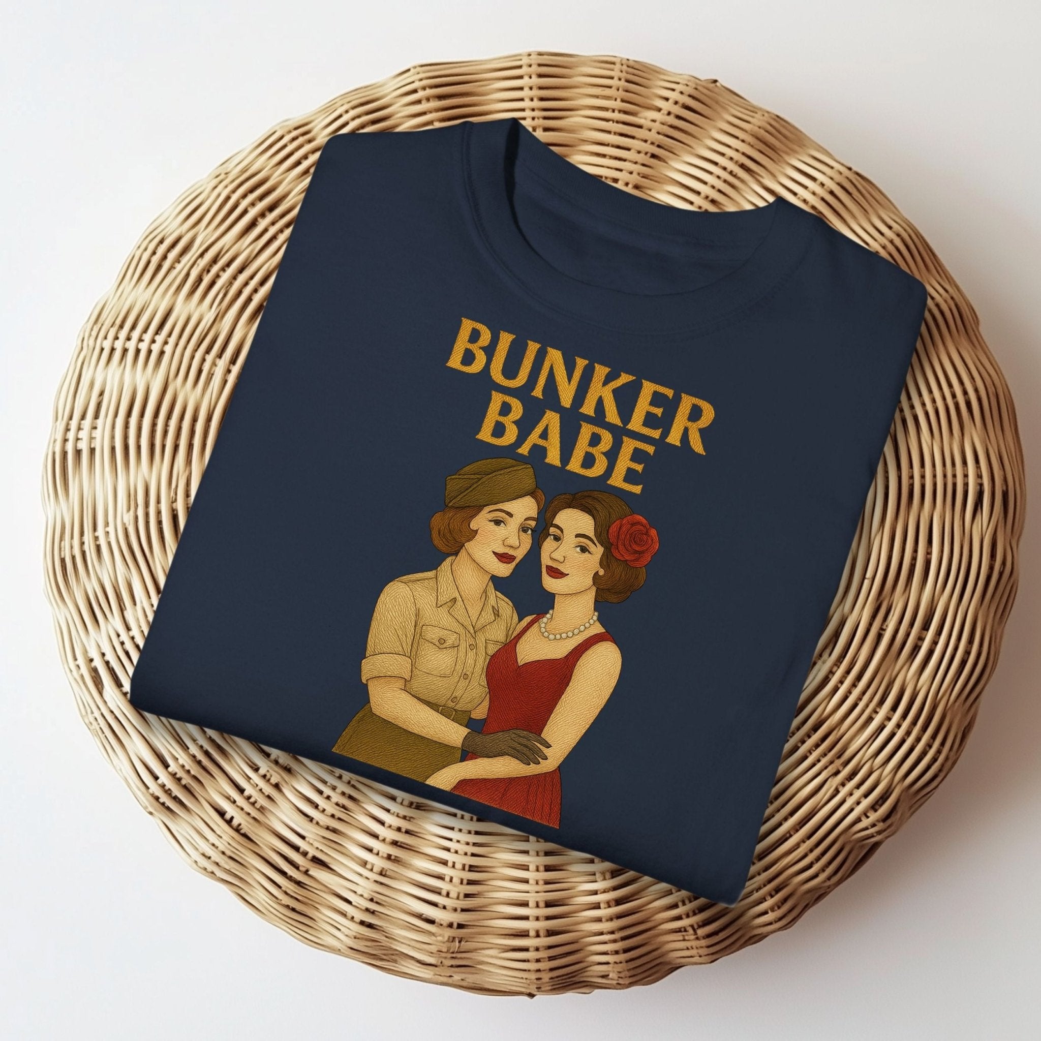 Bunker Babe Tee, 1940s Lesbian Pinup T-Shirt, Embroidered Style Queer Pride Shirt, Retro Femme Gay Gift for Her - Craig Michael Design