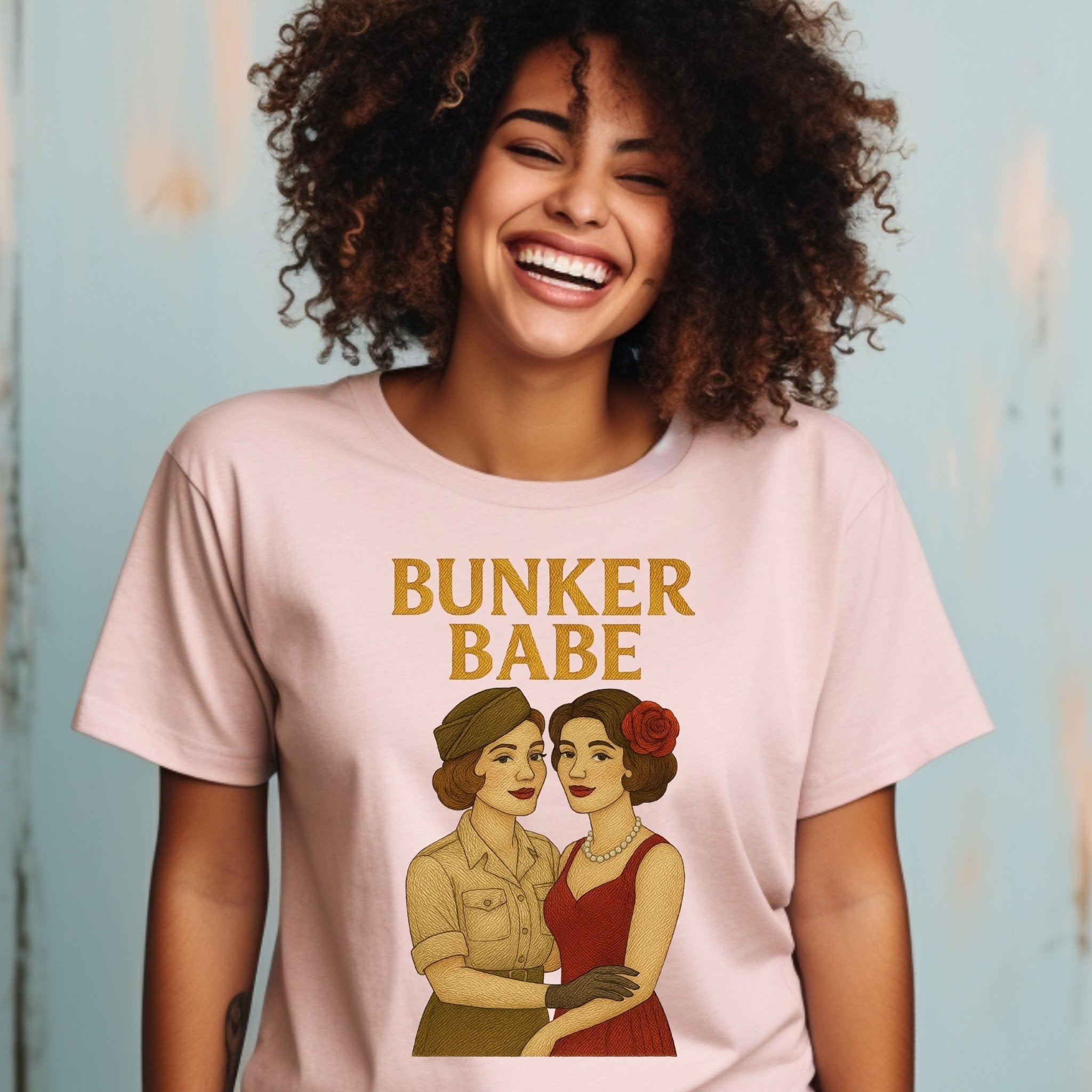 Bunker Babe Tee, 1940s Lesbian Pinup T-Shirt, Embroidered Style Queer Pride Shirt, Retro Femme Gay Gift for Her - Craig Michael Design