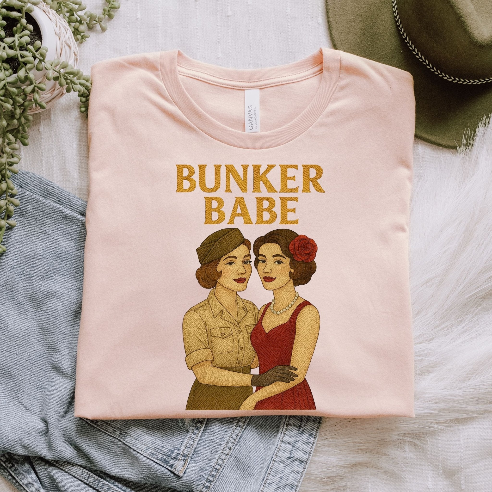 Bunker Babe Tee, 1940s Lesbian Pinup T-Shirt, Embroidered Style Queer Pride Shirt, Retro Femme Gay Gift for Her - Craig Michael Design