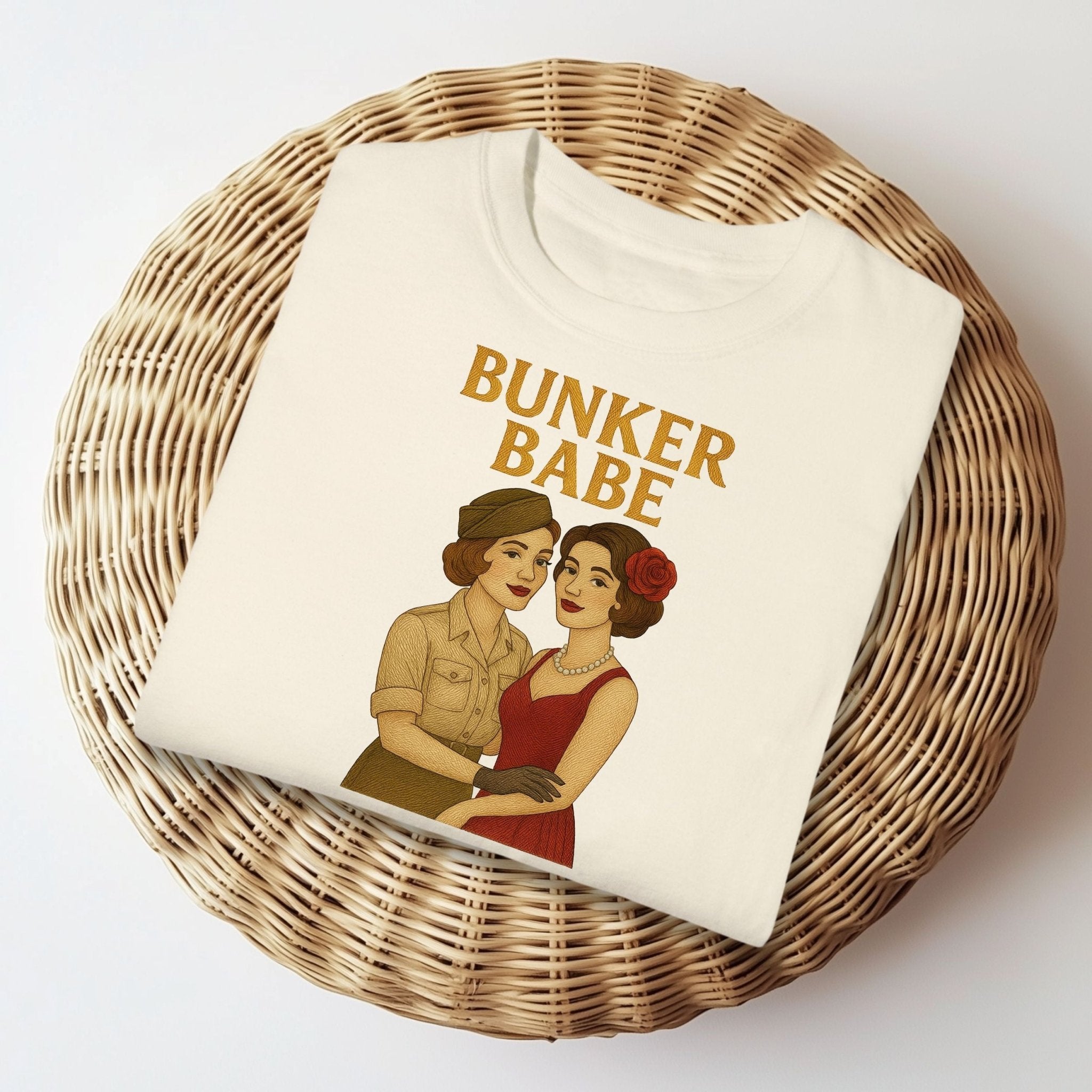 Bunker Babe Tee, 1940s Lesbian Pinup T-Shirt, Embroidered Style Queer Pride Shirt, Retro Femme Gay Gift for Her - Craig Michael Design