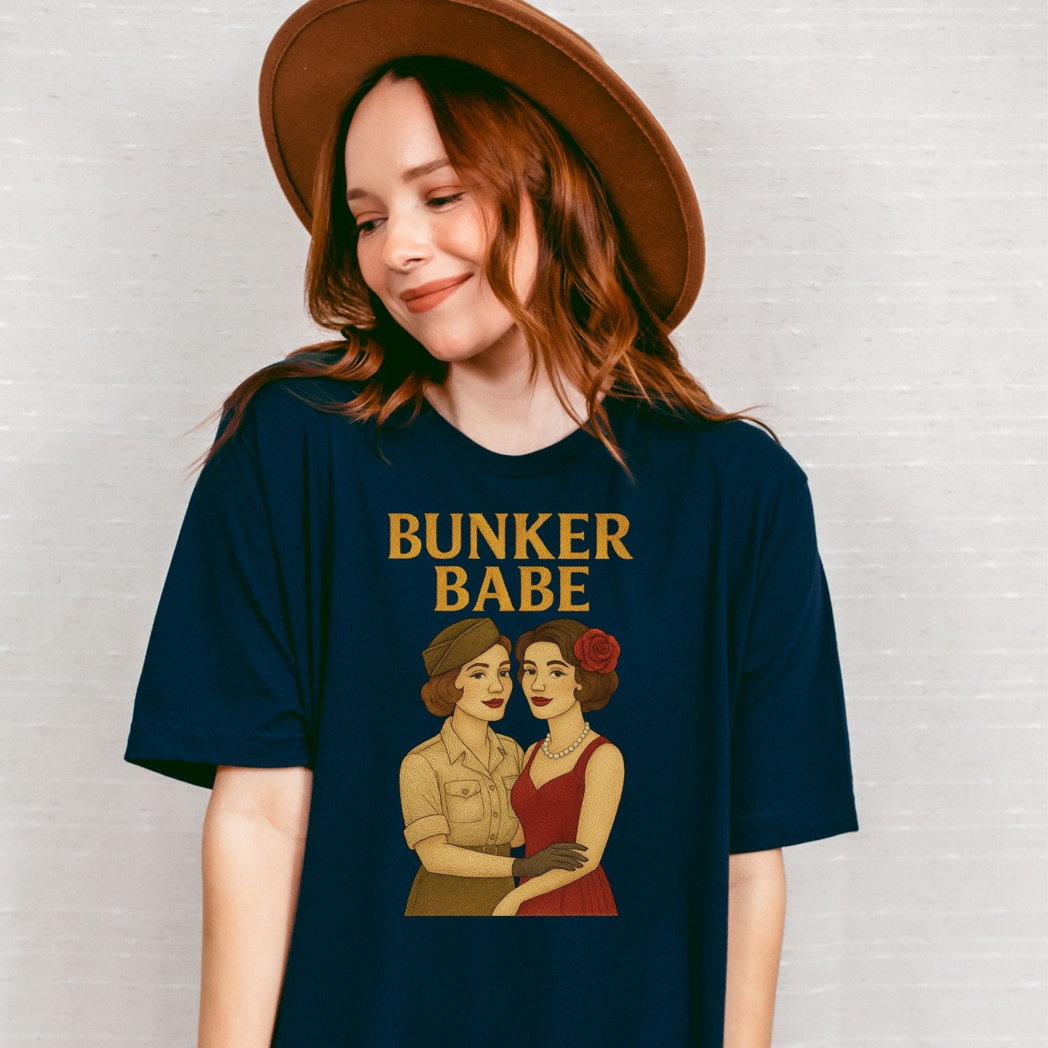 Bunker Babe Tee, 1940s Lesbian Pinup T-Shirt, Embroidered Style Queer Pride Shirt, Retro Femme Gay Gift for Her - Craig Michael Design