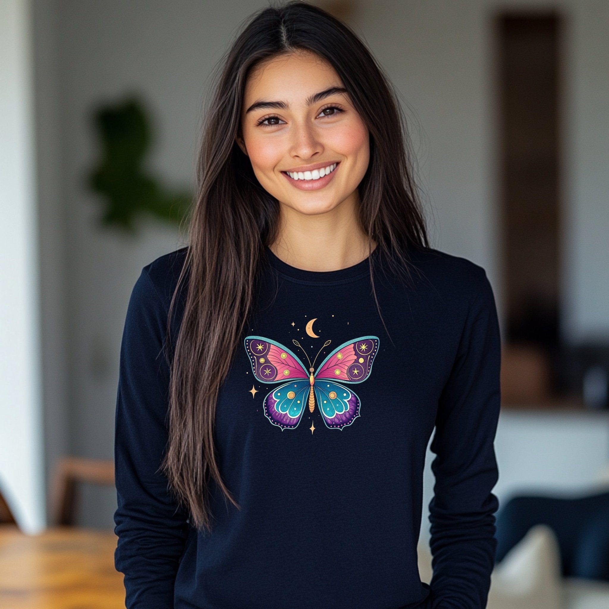 Butterfly Design Long Sleeve T Shirt, Celestial Moon Star Design Shirt, Artistic Graphic Tee, Colorful Nature Inspired Top - Craig Michael Design