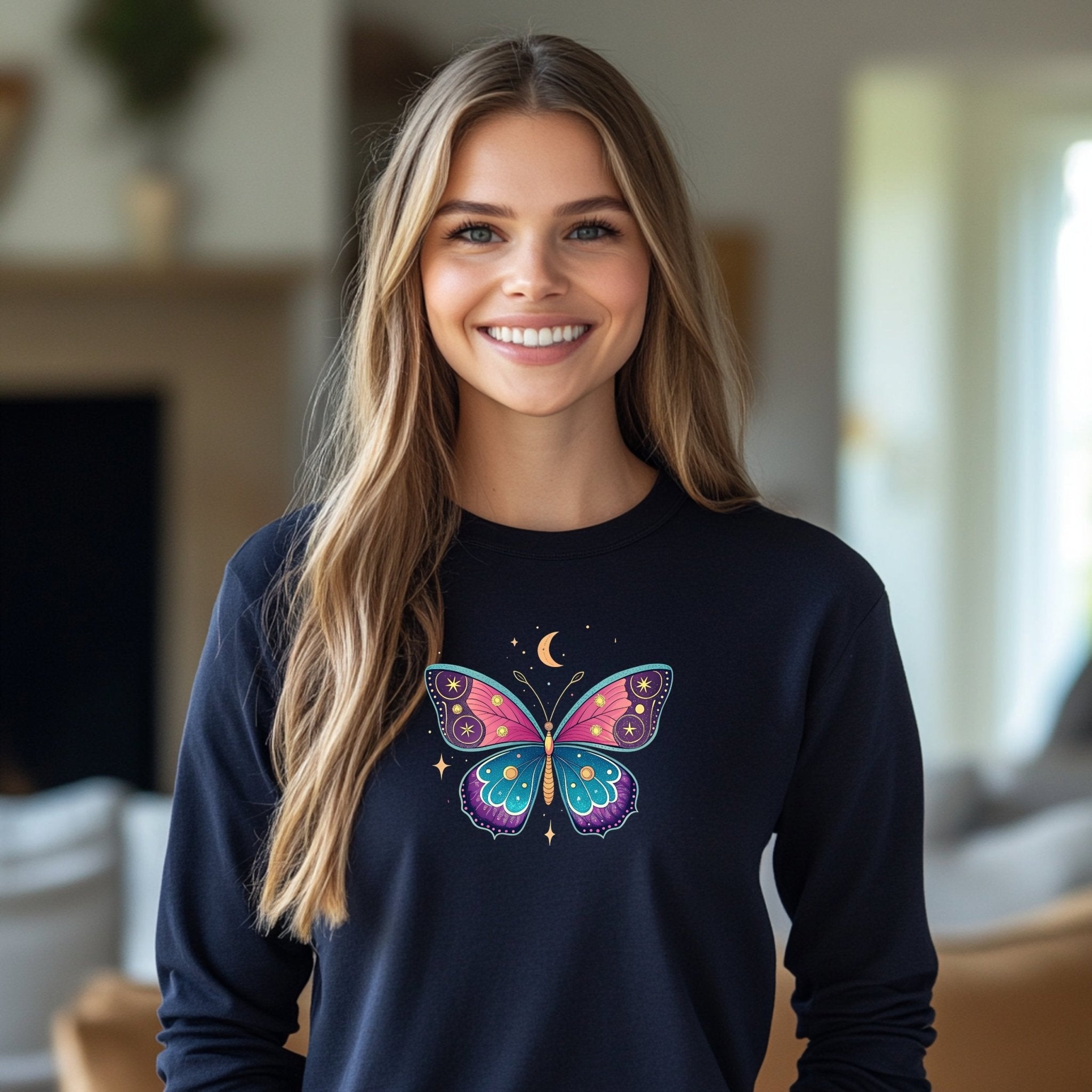 Butterfly Design Long Sleeve T Shirt, Celestial Moon Star Design Shirt, Artistic Graphic Tee, Colorful Nature Inspired Top - Craig Michael Design