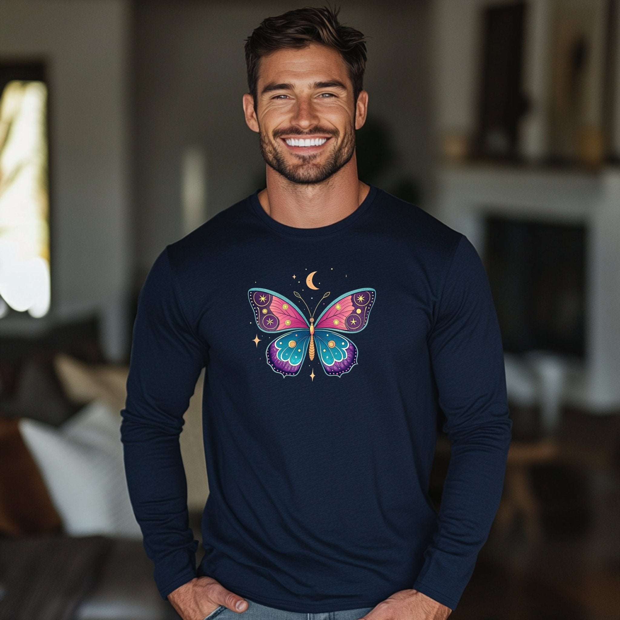 Butterfly Design Long Sleeve T Shirt, Celestial Moon Star Design Shirt, Artistic Graphic Tee, Colorful Nature Inspired Top - Craig Michael Design