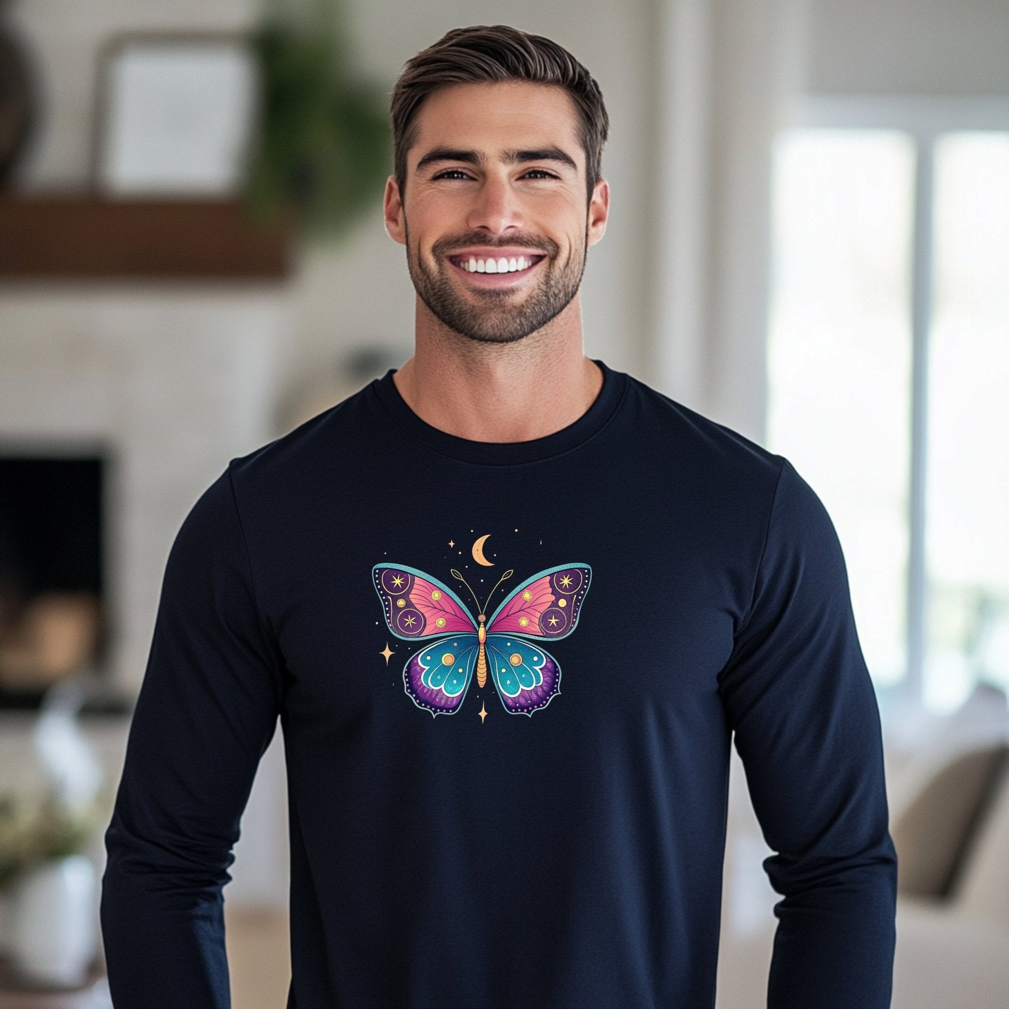 Butterfly Design Long Sleeve T Shirt, Celestial Moon Star Design Shirt, Artistic Graphic Tee, Colorful Nature Inspired Top - Craig Michael Design