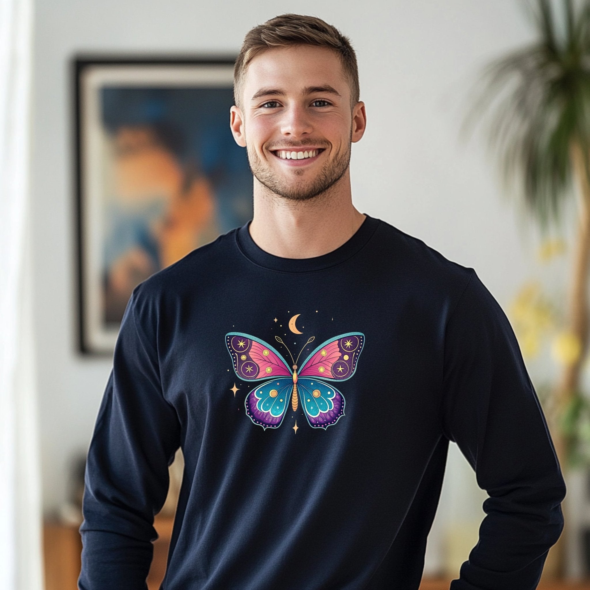 Butterfly Design Long Sleeve T Shirt, Celestial Moon Star Design Shirt, Artistic Graphic Tee, Colorful Nature Inspired Top - Craig Michael Design