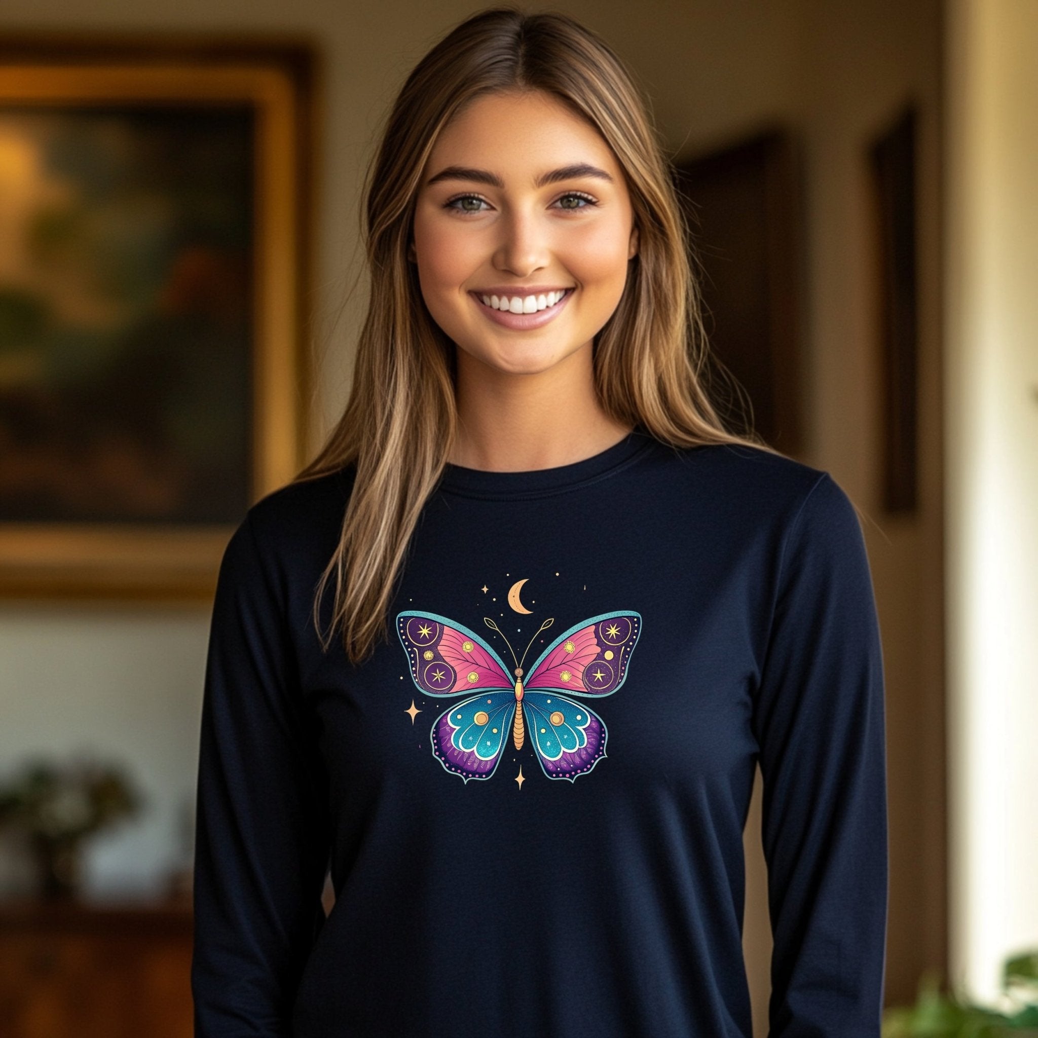 Butterfly Design Long Sleeve T Shirt, Celestial Moon Star Design Shirt, Artistic Graphic Tee, Colorful Nature Inspired Top - Craig Michael Design