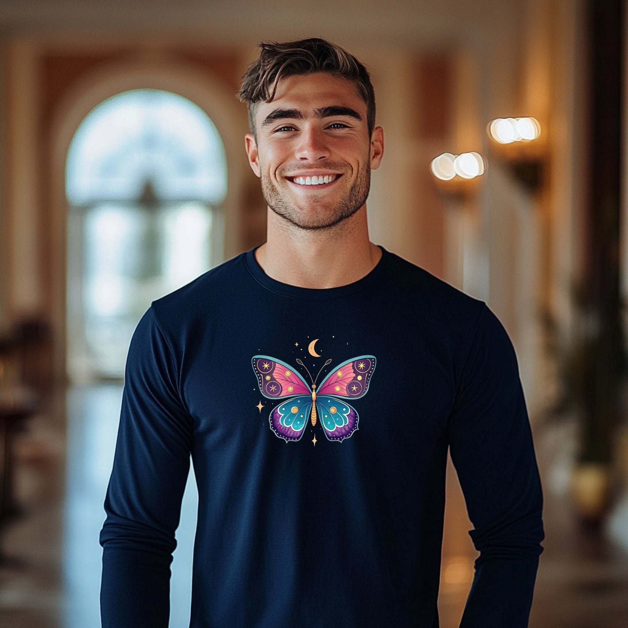 Butterfly Design Long Sleeve T Shirt, Celestial Moon Star Design Shirt, Artistic Graphic Tee, Colorful Nature Inspired Top - Craig Michael Design